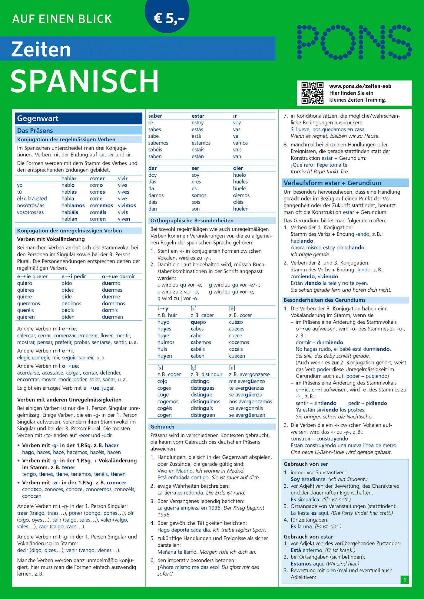 PONS Zeiten auf einen Blick Spanisch Eine deutschsprachige Referenztabelle mit dem Titel PONS Zeiten Spanisch, die spanische Verbformen, Konjugationen und Grammatikregeln in strukturierten Tabellen und Aufzählungspunkten zusammenfasst.