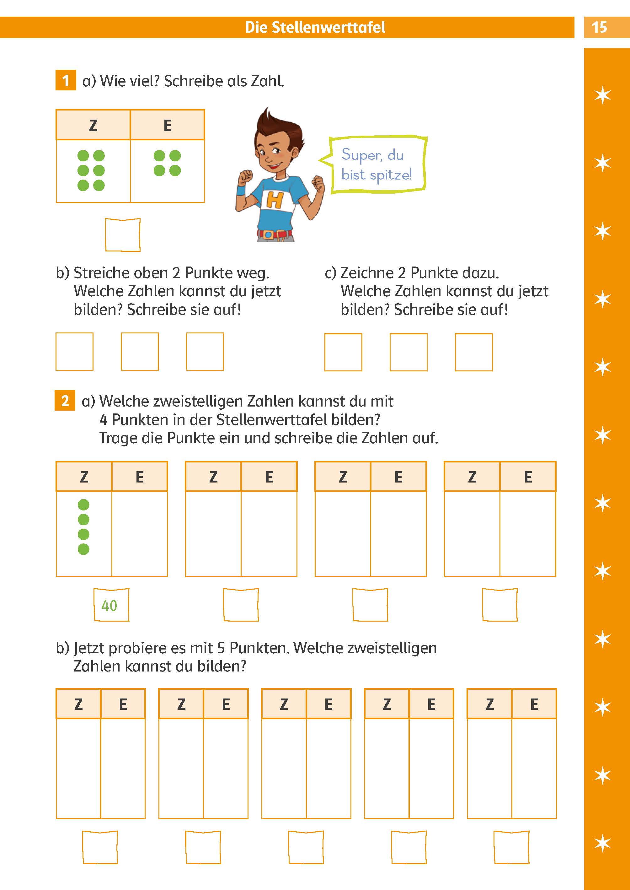 Klett Die Mathe-Helden: Rechnen bis 100 2. Klasse Ein deutsches Mathe-Arbeitsblatt mit visuellen Übungen zum Stellenwert mit Punkten in Kästchen, einem Cartoon-Kind und einer Anleitung zum Erstellen von Zahlen mit Punkten.