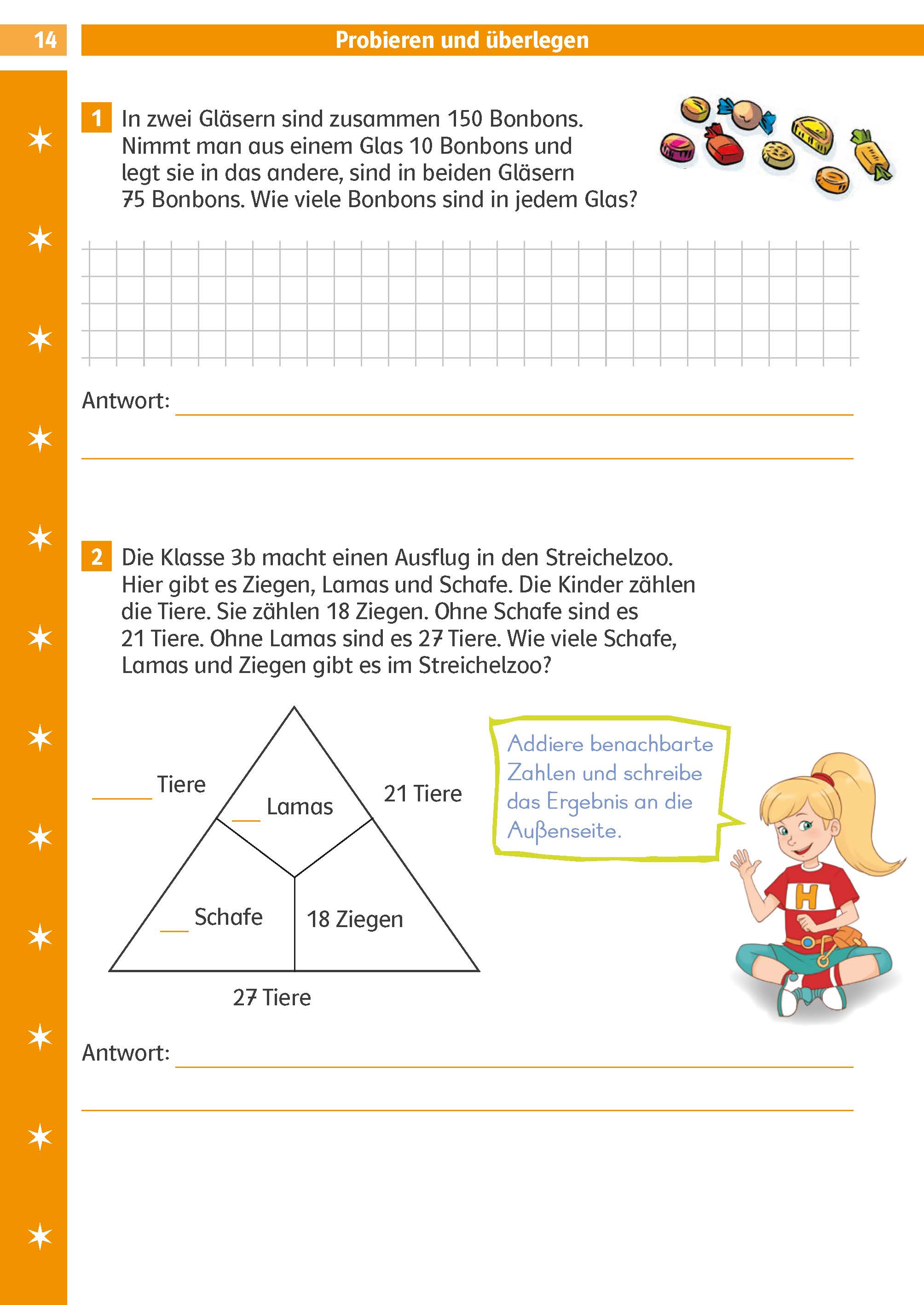 Klett Die Mathe-Helden: Textaufgaben/Sachaufgaben 3. Klasse Eine deutsche Mathe-Arbeitsmappe mit zwei Wortaufgaben, einem Diagramm von Tieren in einem Dreieck, einem Cartoon-Mädchen und einer Anweisung, Zahlen entlang der Dreieckskanten zu addieren.