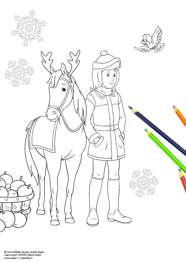 Ein Mädchen in Winterkleidung steht neben einem Pferd mit Geweih, einem Korb mit Äpfeln, einem Vogel und Schneeflocken; im Vordergrund sind drei Buntstifte zu sehen.