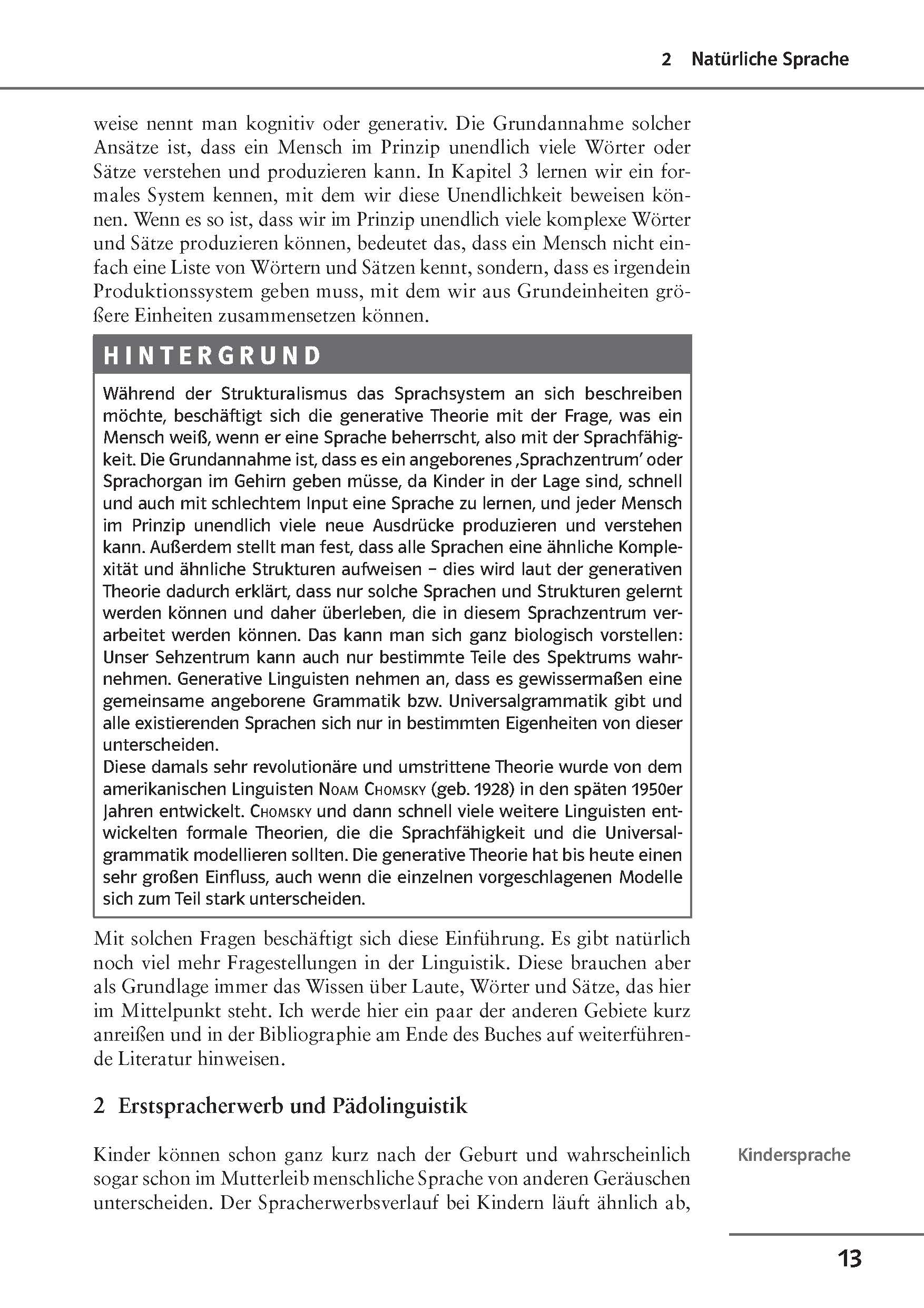 Uni Wissen Grundkurs Sprachwissenschaft Eine Lehrbuchseite in deutscher Sprache behandelt die Verarbeitung natürlicher Sprache, mit einem grauen HINTERGRUND-Kasten mit zusätzlichen Informationen und einem Abschnitt mit der Überschrift Kindersprache.
