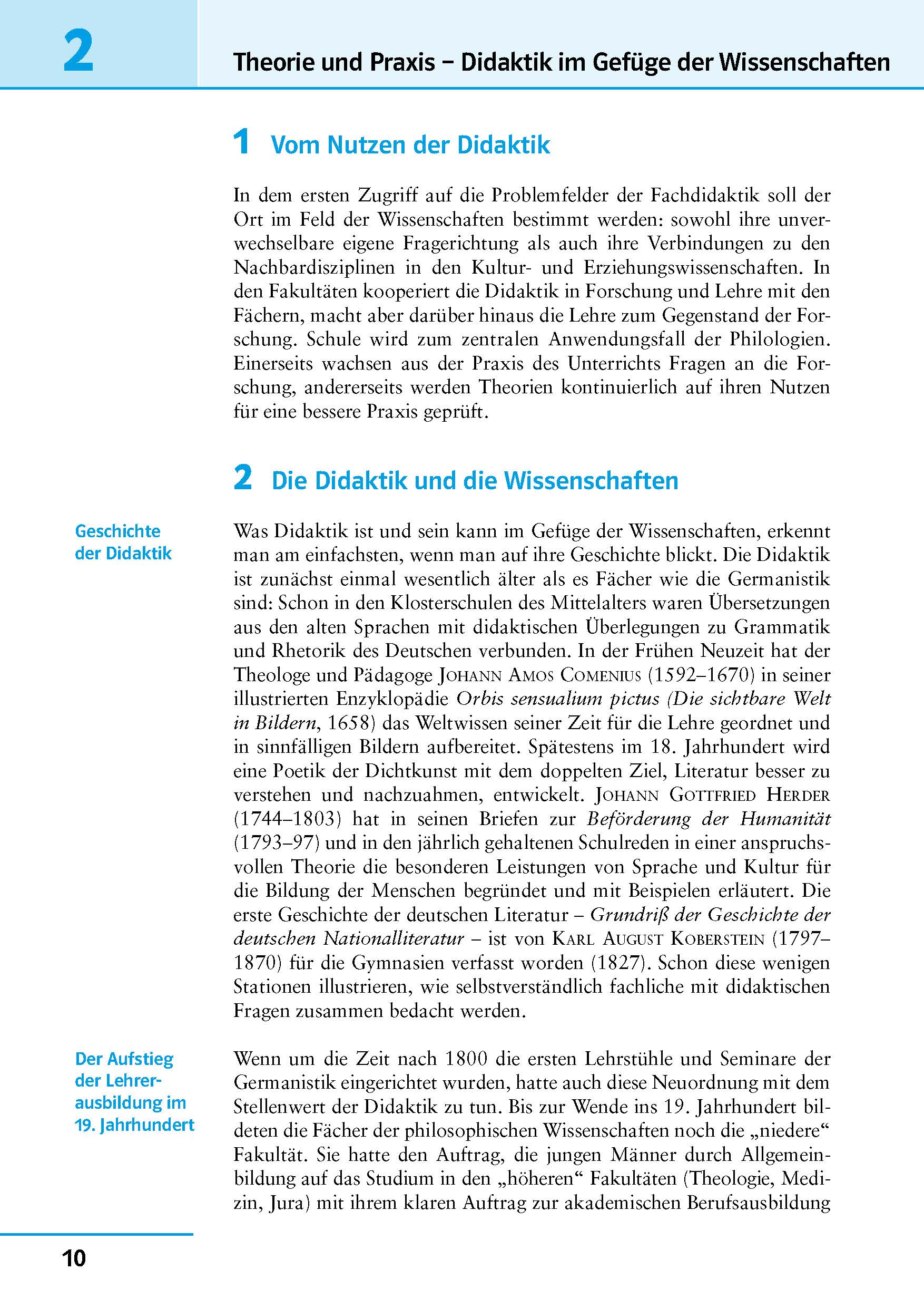 Eine Seite aus einem akademischen Buch in deutscher Sprache mit einem Text über Didaktik, einer Seitenleiste, Überschriften und einem blauen Farbschema mit der Seitenzahl 10 am unteren Rand.