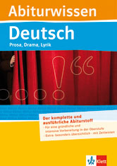 Titelblatt eines Studienführers mit dem Titel Abiturwissen Deutsch mit rotem Vorhang, Ausrufezeichen und Text zur Prüfungsvorbereitung für Prosa, Drama und Lyrik.