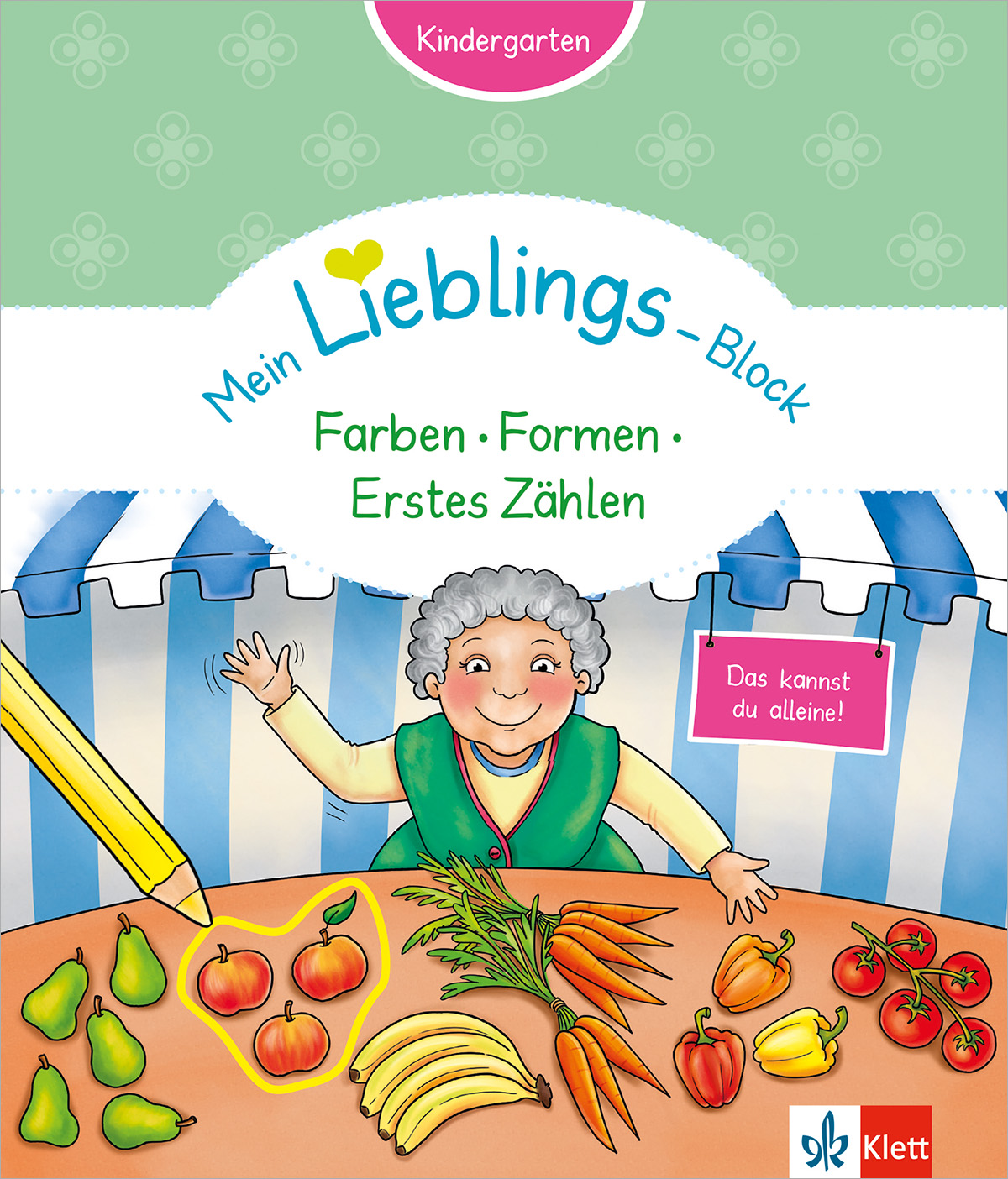Der Umschlag eines Arbeitsbuchs für Kinder mit dem Titel Mein Lieblings-Block zeigt eine ältere Frau an einem Marktstand mit Obst und einem großen Bleistift, der Formen um die Gegenstände herum zeichnet.