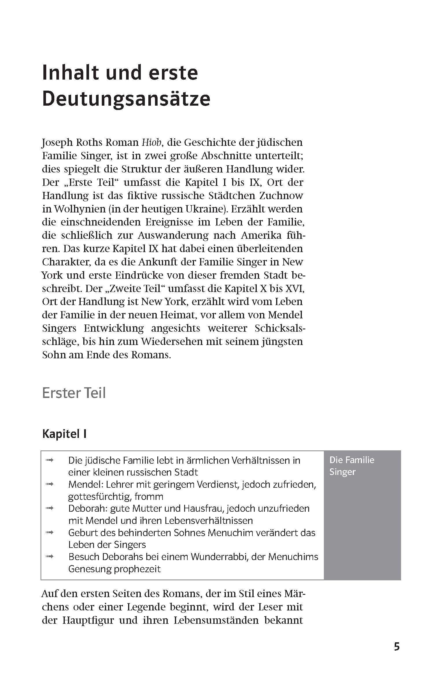 Eine deutsche Textseite mit dem Titel Inhalt und erste Deutungsansätze erörtert den Aufbau und die Themen von Joseph Roths Roman Hiob, in dessen Mittelpunkt die jüdische Familie Singer steht.