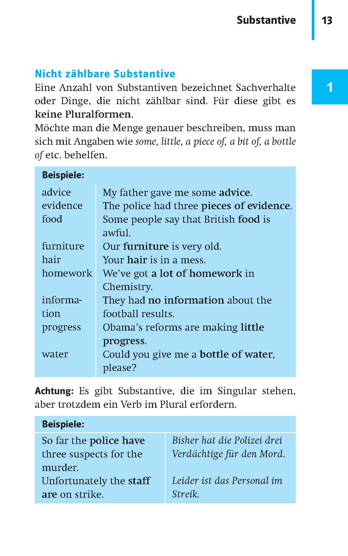 Eine deutsche Lehrbuchseite erklärt nicht zählbare Substantive mit Beispielen auf Englisch und Deutsch, wobei Wörter wie Ratschläge, Möbel und Informationen hervorgehoben werden. Blaue Kästen zeigen Beispielsätze.