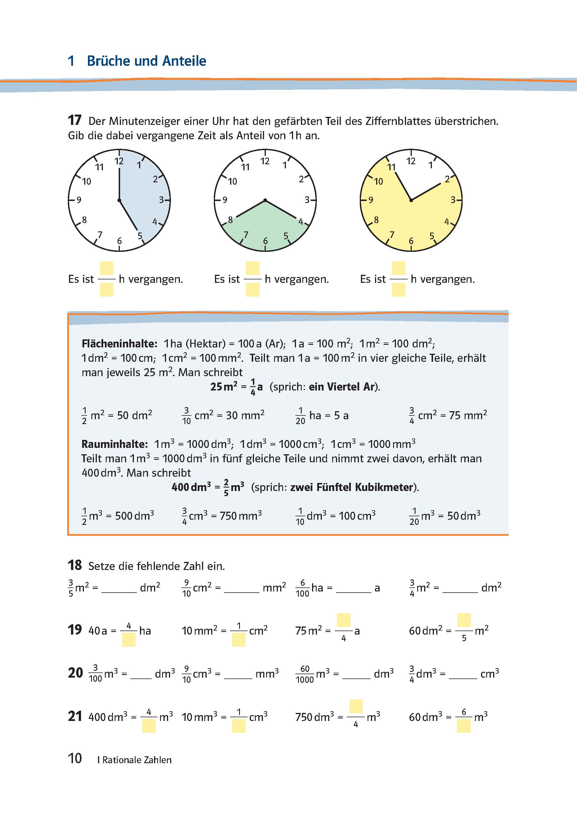 Lambacher Schweizer 2 - Das Trainingsbuch zum Lehrbuch Eine Seite des Lehrbuchs zeigt farbige Ziffernblätter zur Veranschaulichung von Stundenbruchteilen, eine Tabelle mit Flächen- und Volumeneinheiten sowie Aufgaben mit freien Feldern für Antworten.