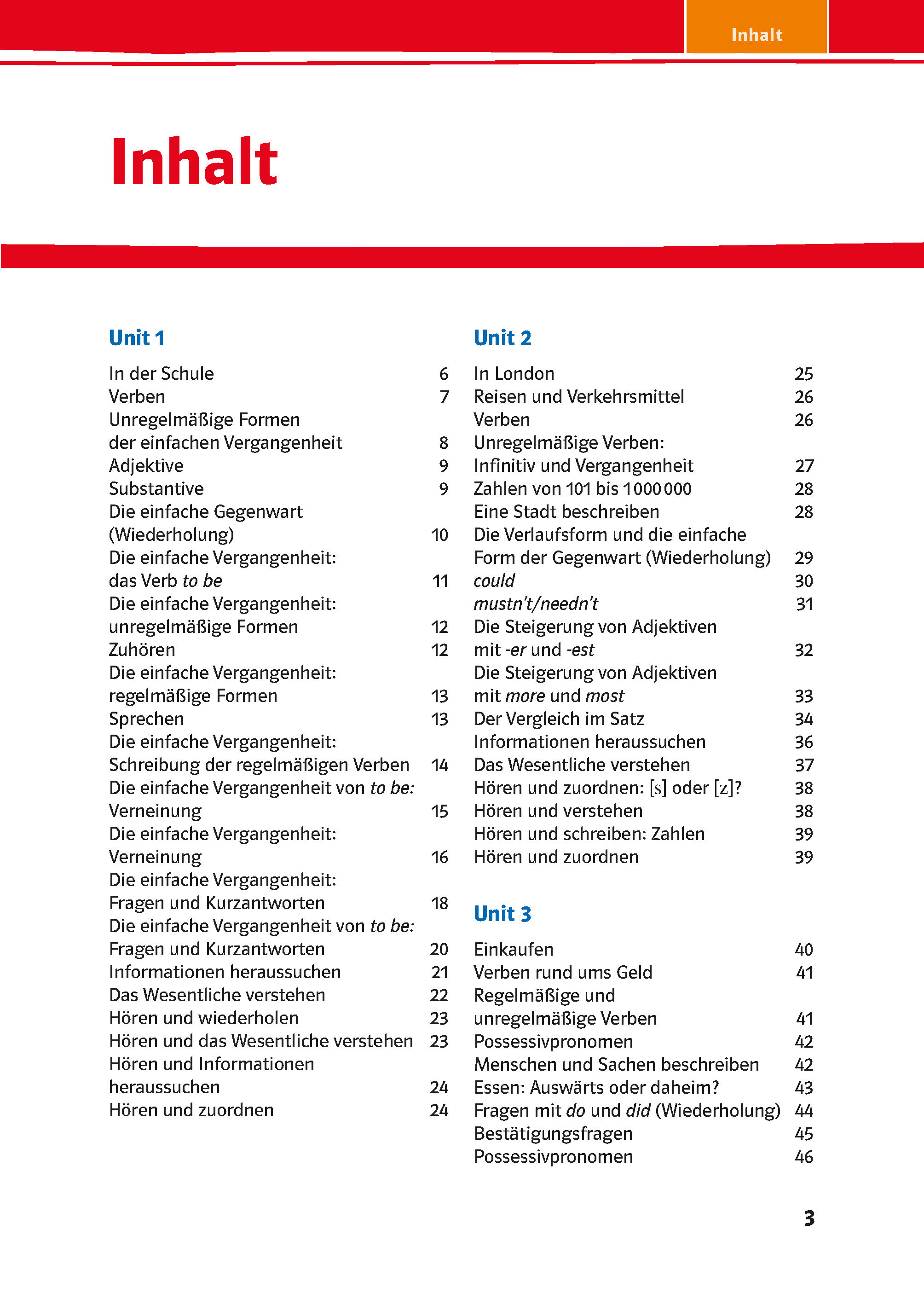 Inhaltsverzeichnis auf Deutsch mit roter Überschrift Inhalt, Themen und Seitenzahlen für die Einheiten 1 und 2, die sich auf Verben, Vergangenheitsformen, Reisen und Wortschatz beziehen.