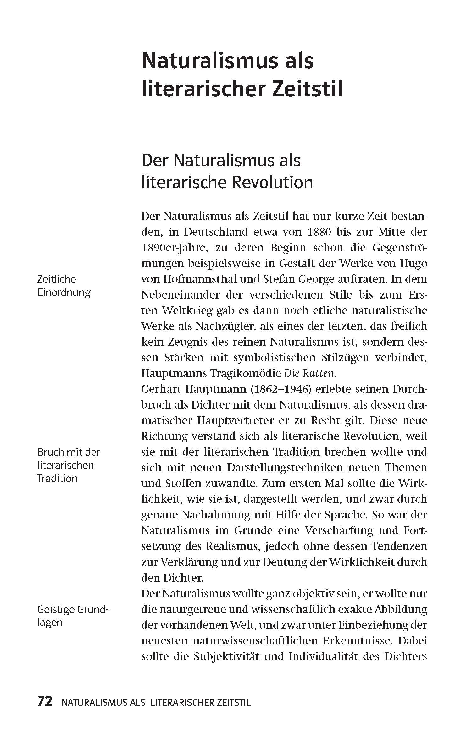 Eine deutsche Textseite über den Naturalismus als literarischer Zeitstil mit Abschnitten über den historischen Kontext, die literarische Tradition und die geistigen Grundlagen. Die Seitenzahl 72 befindet sich am unteren Rand.