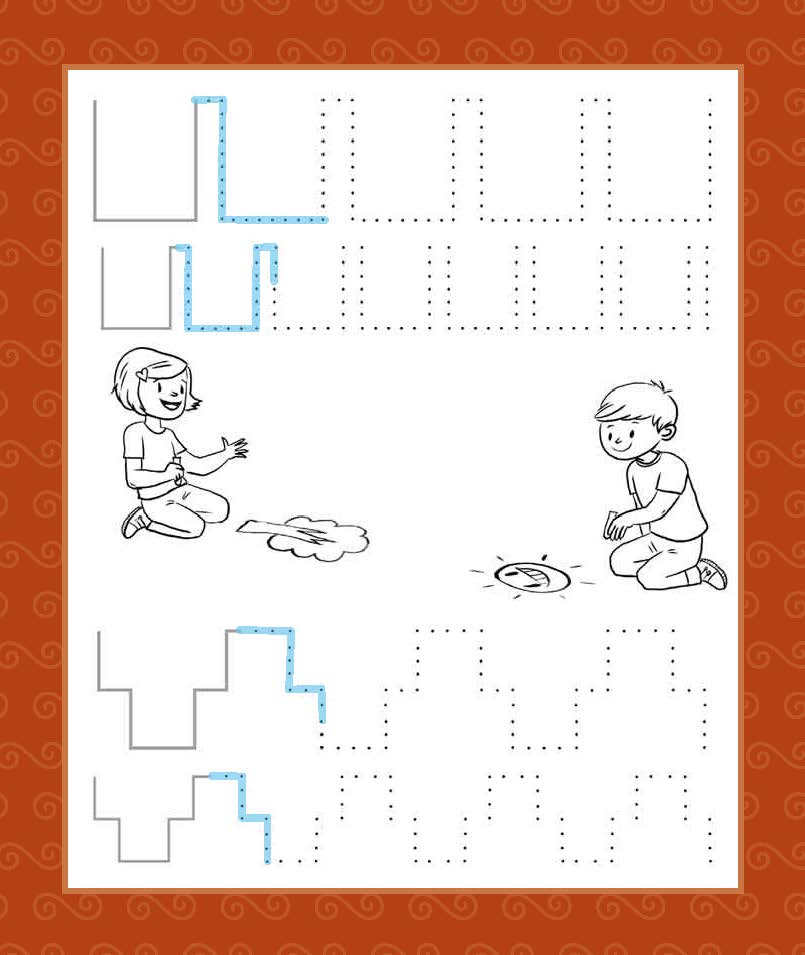 Kinder spielen auf dem Boden; die Seite zeigt gepunktete Linien und schattierte Pfade zum Nachzeichnen geometrischer Formen.