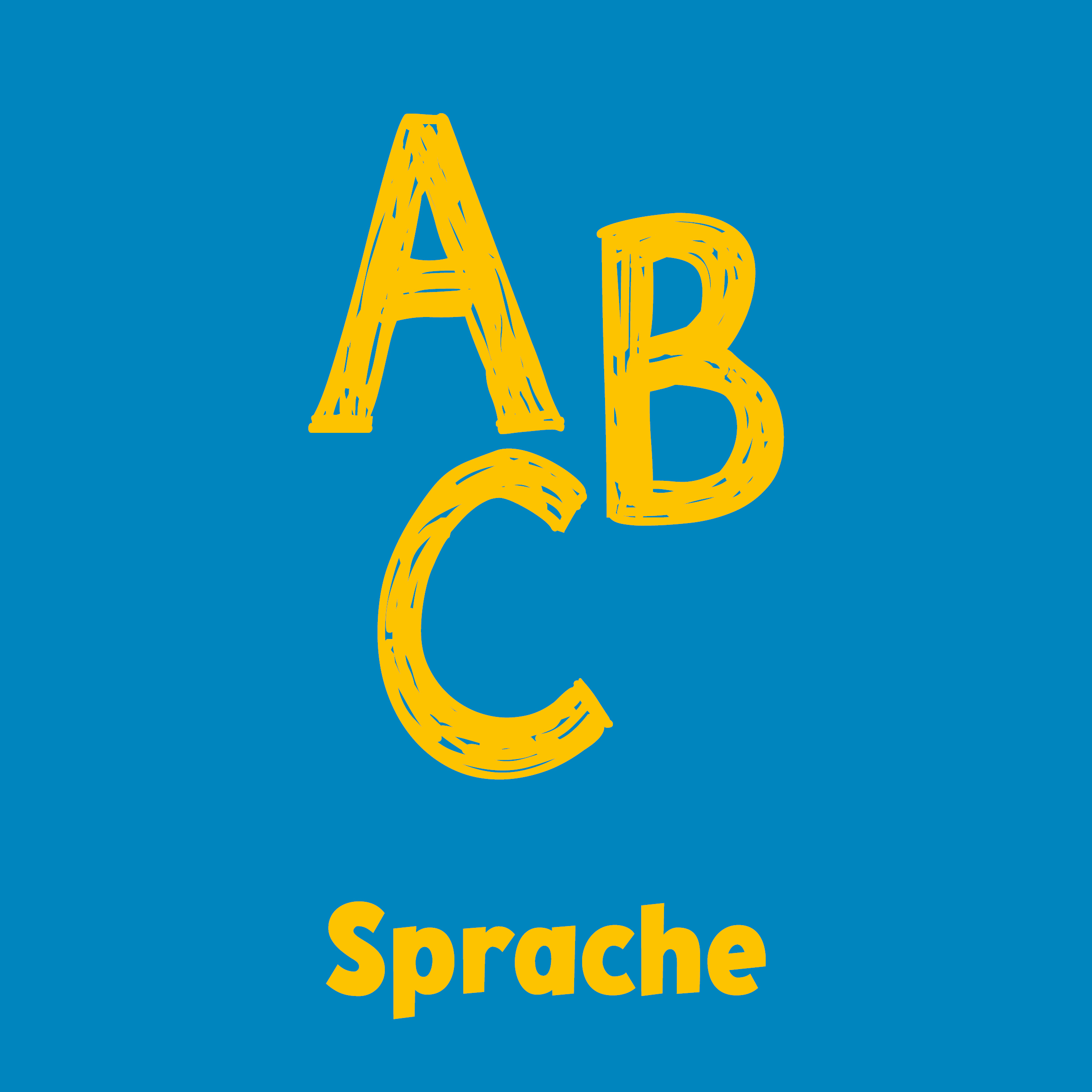 Gelbe Buchstaben A, B und C in einem handgezeichneten Stil über dem Wort Sprache auf einem blauen Hintergrund.