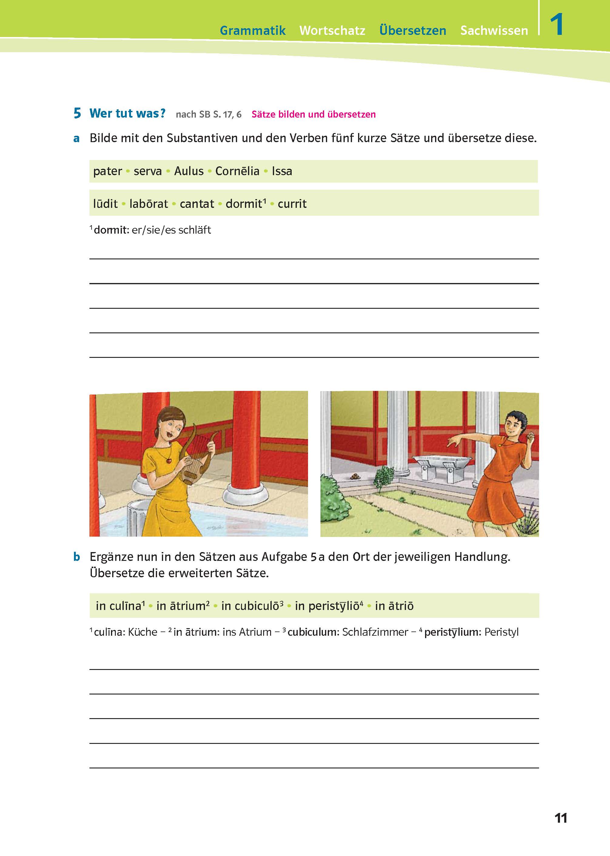 Zwei Mädchen in römischer Kleidung gehen und unterhalten sich in einem Innenhof mit roten Säulen und einem zentralen Wasserbecken.