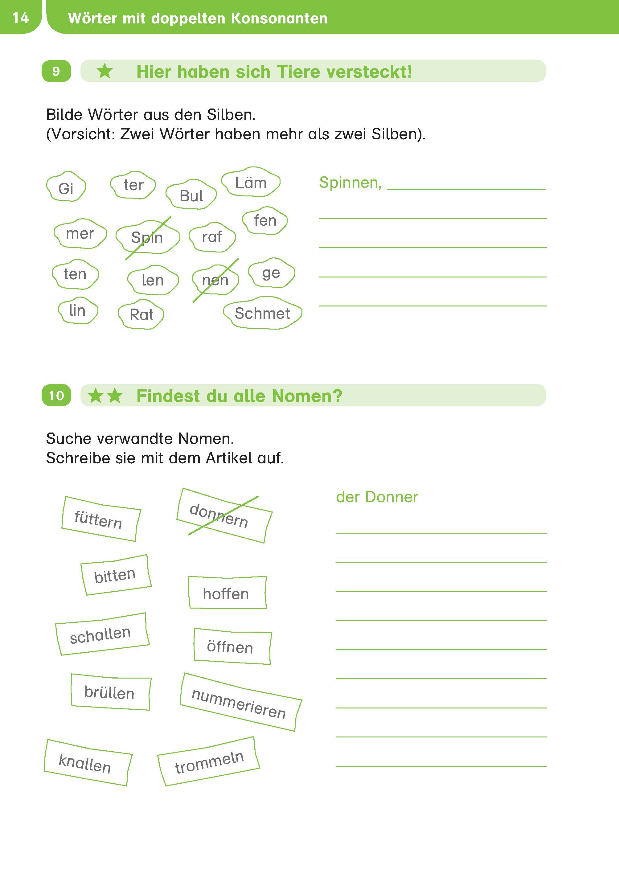 Ein Arbeitsblatt zur deutschen Sprache mit Übungen zur Wortbildung und zur Identifizierung von Substantiven, mit grün gefärbten Überschriften und Kästchen zum Aufschreiben der Antworten.