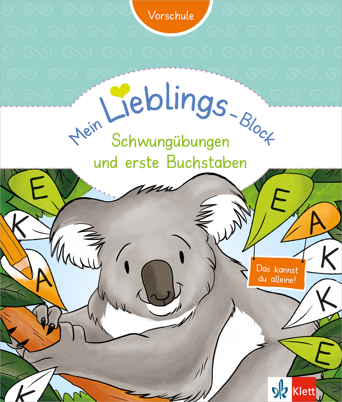Ein lächelnder Koala sitzt zwischen Blättern, auf denen der Buchstabe K steht. Der Umschlagtext ist auf Deutsch und weist auf ein Vorschularbeitsheft für Schreibübungen und erste Buchstaben hin.