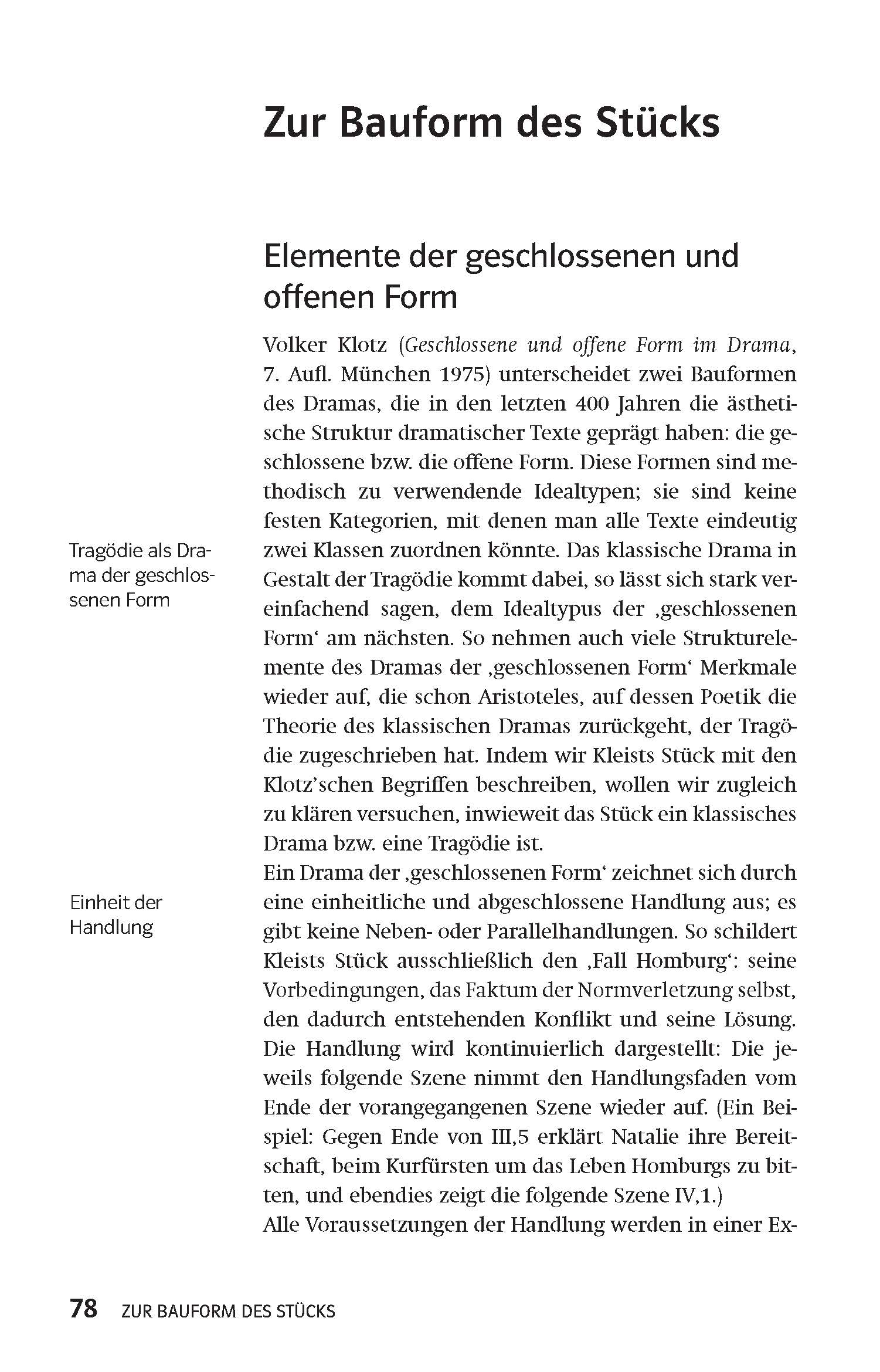 Klett Lektürehilfen Heinrich von Kleist, Prinz Friedrich von Homburg Eine Seite aus einem deutschen Lehrbuch behandelt die Elemente der geschlossenen und offenen dramatischen Form, einschließlich Überschriften, Zwischenüberschriften und zwei Randnotizen zum klassischen Drama und zur Einheit der Handlung. Die Seiten...