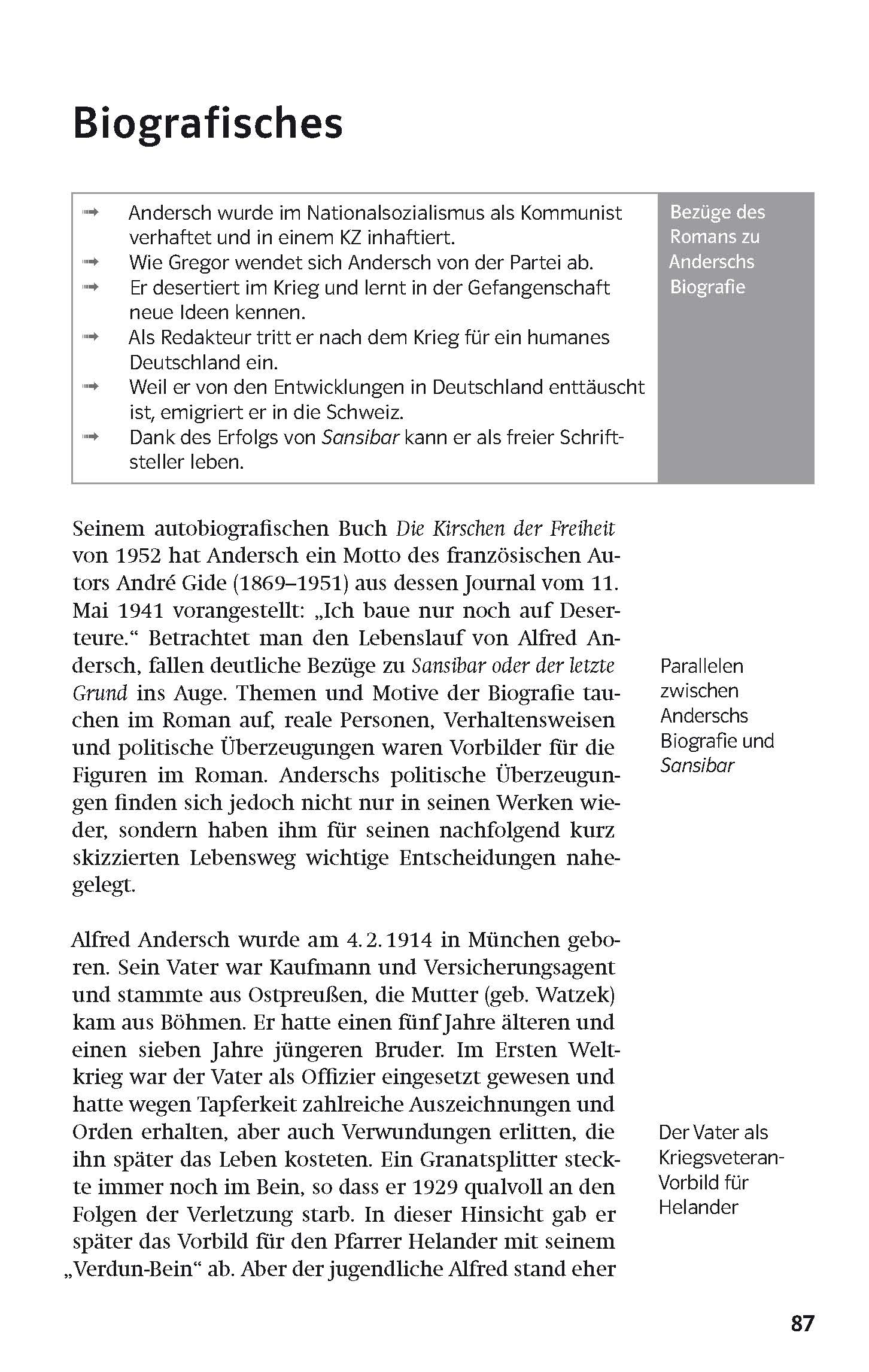 Eine Seite aus einem deutschen Buch zeigt biografische Informationen über einen Autor mit fettgedruckten Überschriften, Aufzählungspunkten und hervorgehobenen Randnotizen.