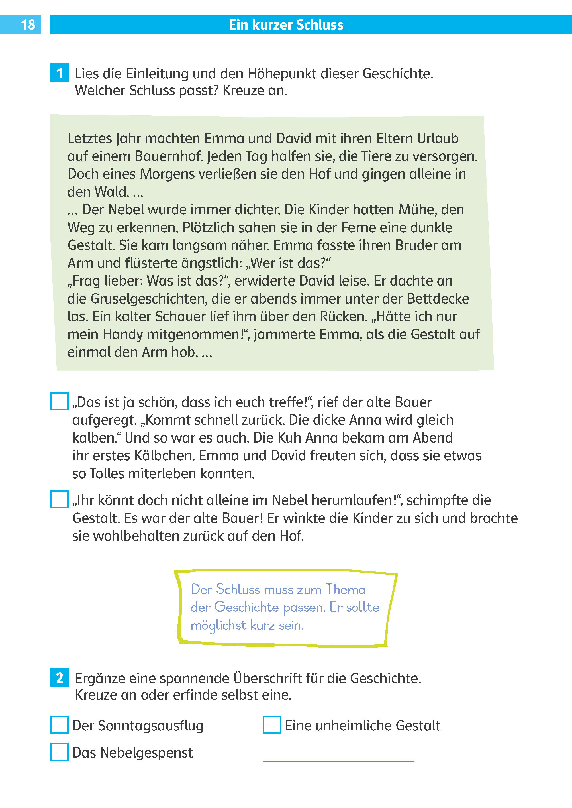 Eine Seite aus einem deutschen Schulbuch zeigt eine Leseübung mit einem Ausschnitt aus einer Geschichte, Anweisungen und drei Multiple-Choice-Antworten am unteren Rand.
