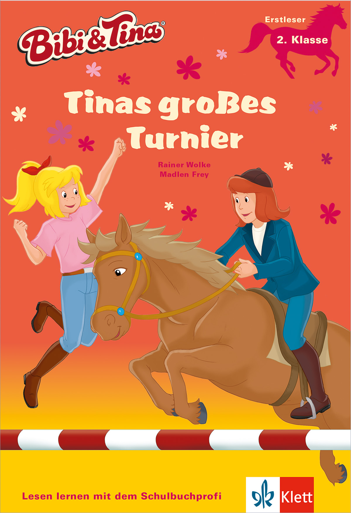 Zwei Mädchen, eines hoch zu Ross, das andere daneben laufend, sind auf dem Cover eines deutschen Kinderbuchs mit dem Titel Tinas großes Turnier aus der Reihe Bibi & Tina zu sehen.