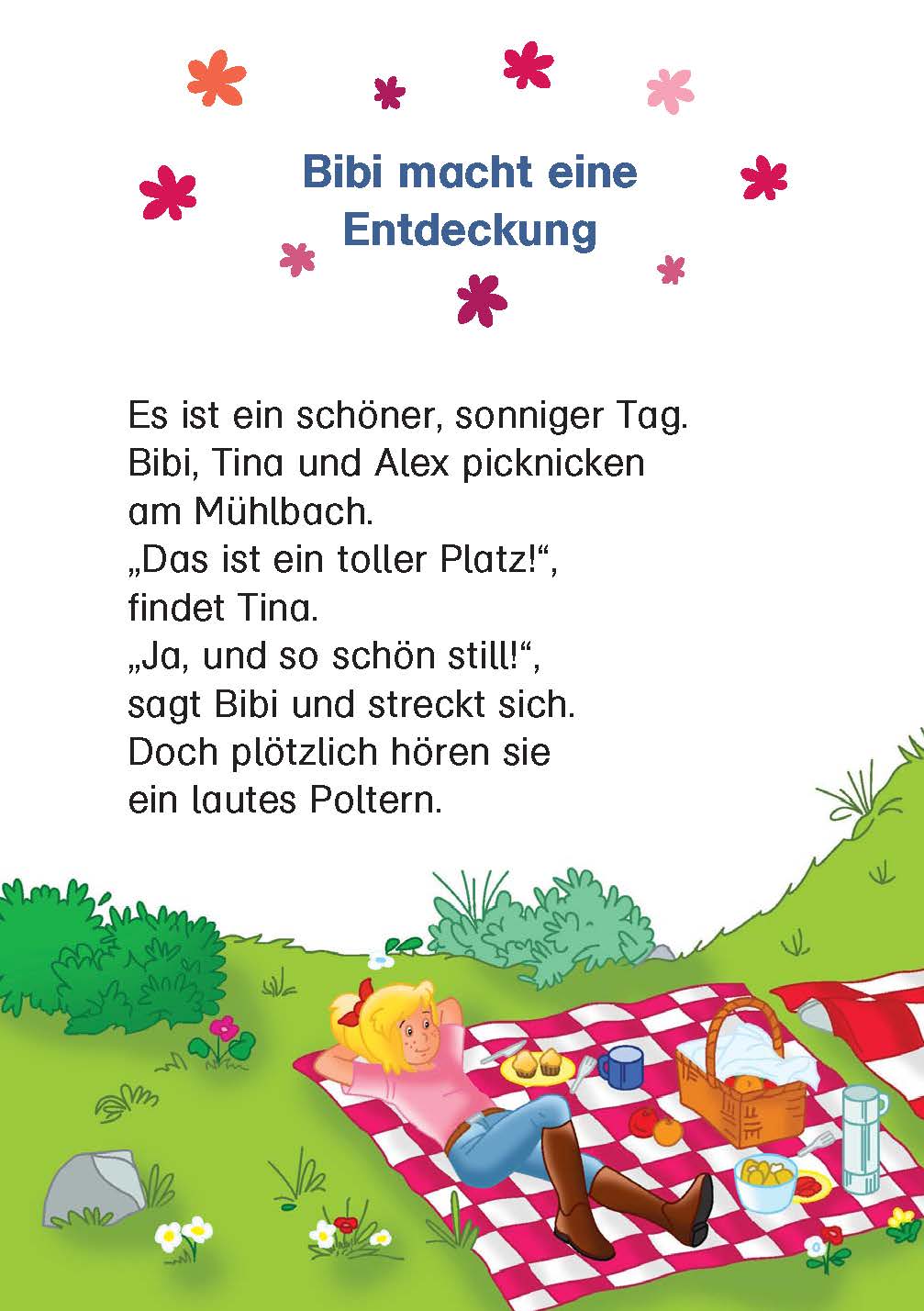 Ein junges Mädchen liegt auf einer Picknickdecke mit Essen und Getränken, umgeben von Gras, Büschen und Bäumen, mit einer Buchseite mit deutschem Text über der Illustration.