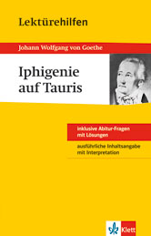 Umschlag eines Studienführers zu Goethes Iphigenie auf Tauris mit einem kleinen Porträt Goethes und einem Text in deutscher Sprache mit Angaben zur Ausgabe.