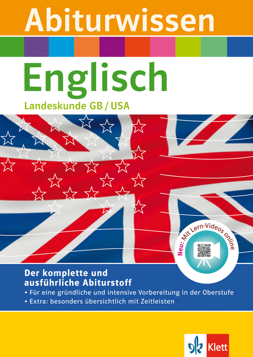 Buchumschlag mit dem Titel Abiturwissen Englisch Landeskunde GB/USA mit stilisierten Flaggen des Vereinigten Königreichs und der USA und einem Text zur umfassenden Prüfungsvorbereitung.
