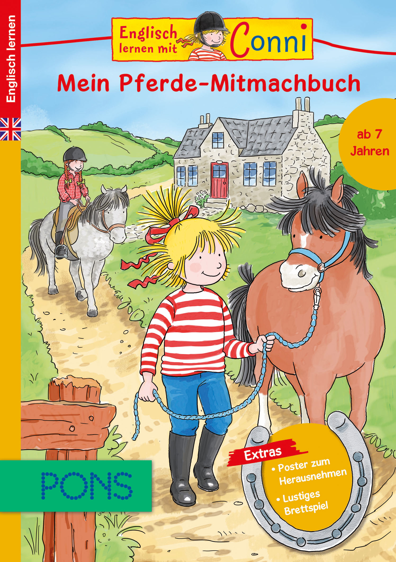 Das illustrierte Cover eines Kinderbuchs zeigt ein Mädchen, das ein Pferd führt, ein anderes Mädchen, das auf einem Pferd reitet, und ein Steinhaus im Hintergrund. Der Text ist auf Deutsch.
