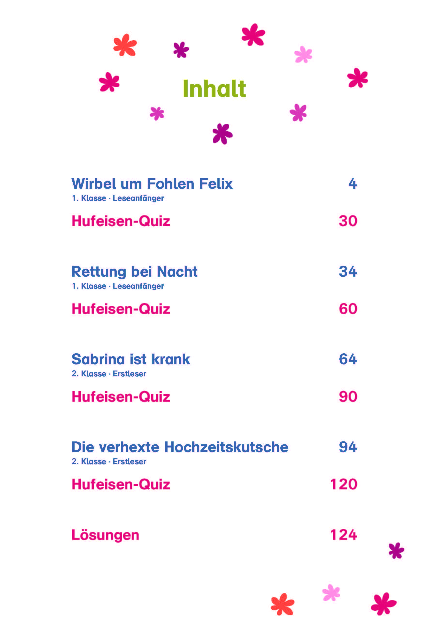 Bibi & Tina: Los geht's im Galopp! Vier spannende Pferdegeschichten in einem Band Inhaltsverzeichnis mit buntem Blumenschmuck, Auflistung der Geschichtstitel, Seitenzahlen und Quizabschnitte für die Klassen 1 und 2 in deutscher Sprache.