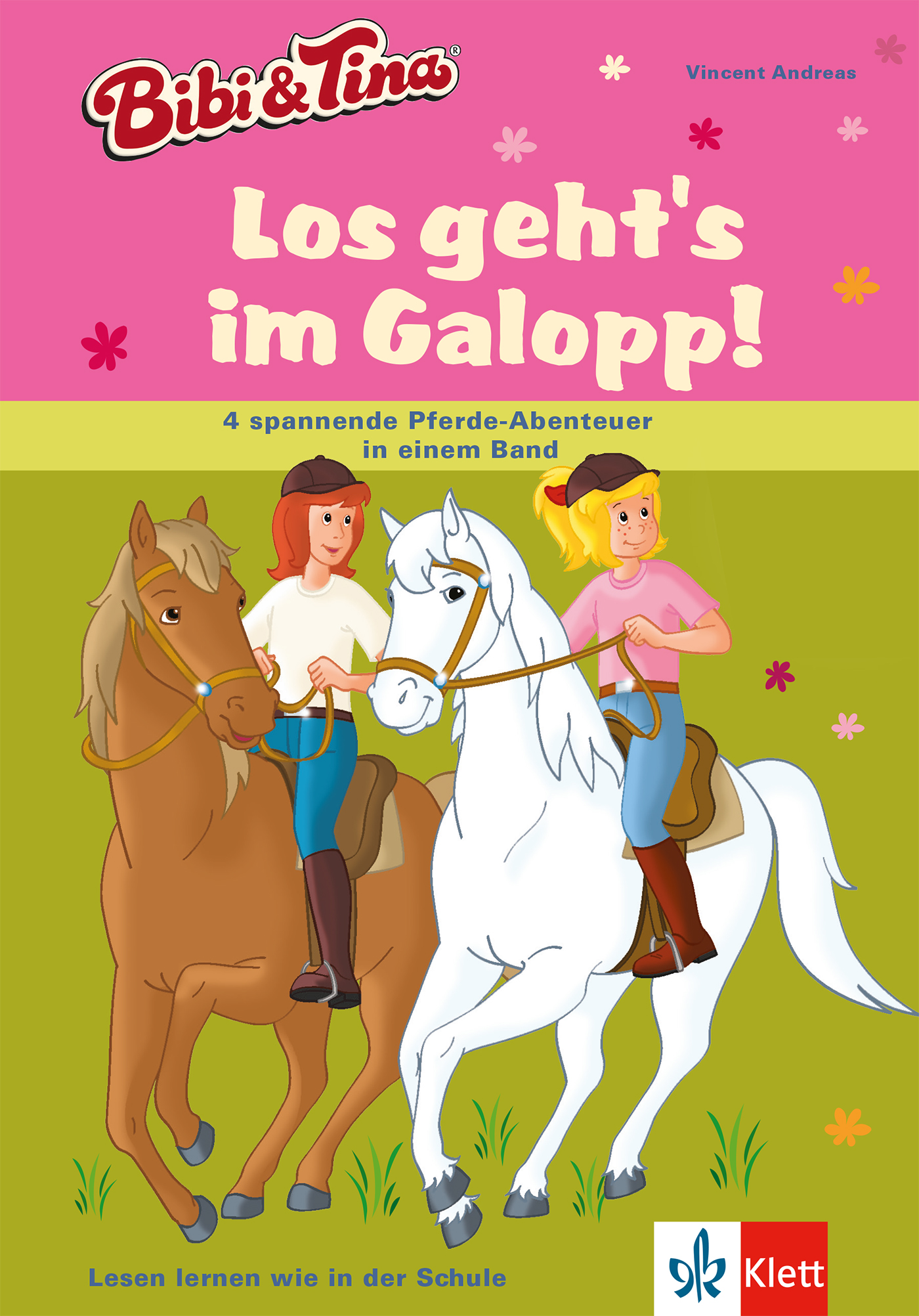 Bibi & Tina: Los geht's im Galopp! Vier spannende Pferdegeschichten in einem Band Zwei Mädchen reiten auf Pferden auf einem bunt illustrierten Buchumschlag mit dem Titel Bibi & Tina: Los gehts im Galopp! mit Blumen und Text in Deutsch.