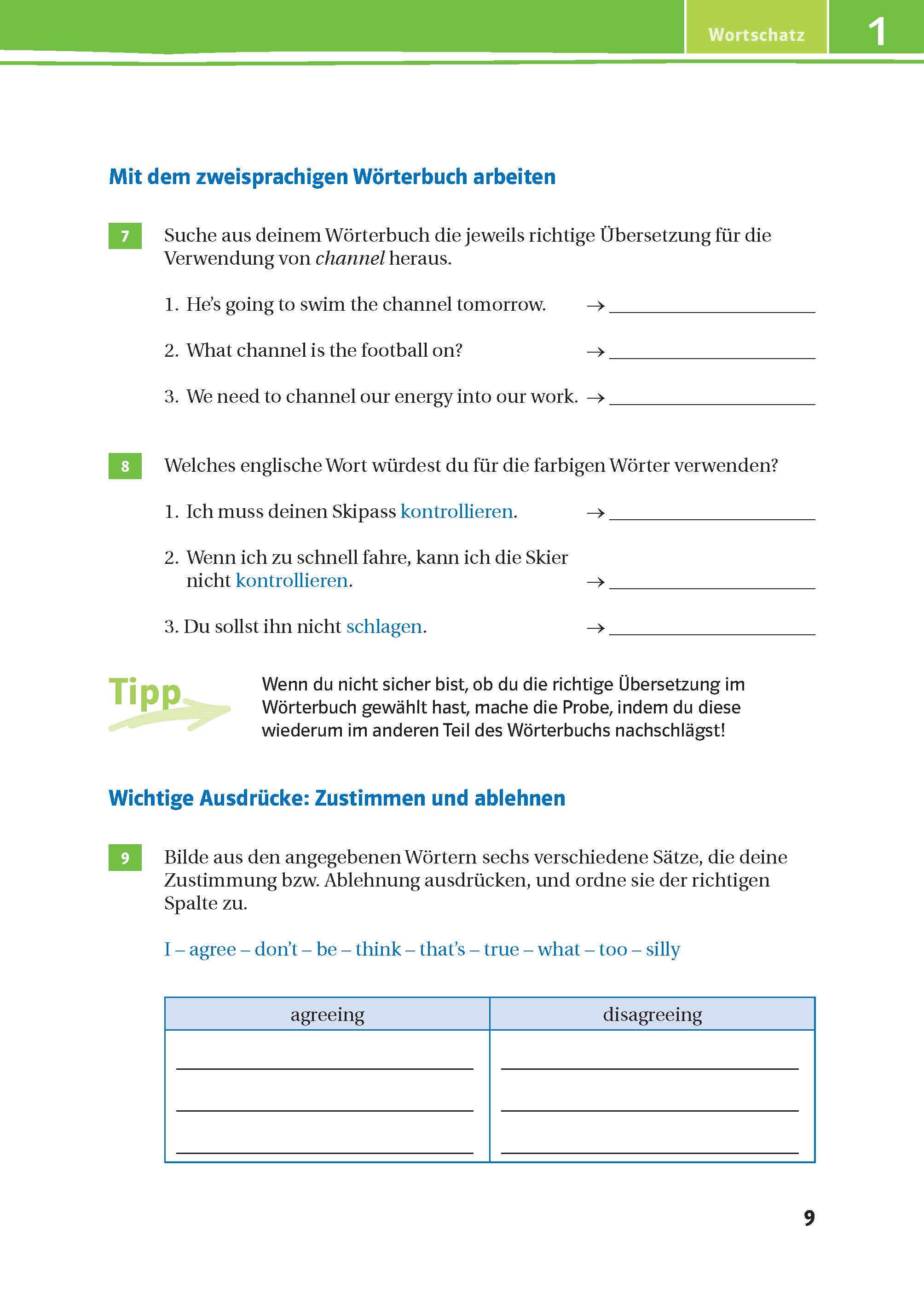 Eine deutsch-englische Vokabel-Übungsseite mit Lückentext-Fragen zum Wort kontrollieren, einem hervorgehobenen Tipp-Kasten und einer Ausdrucks-Matching-Aktivität am Ende.
