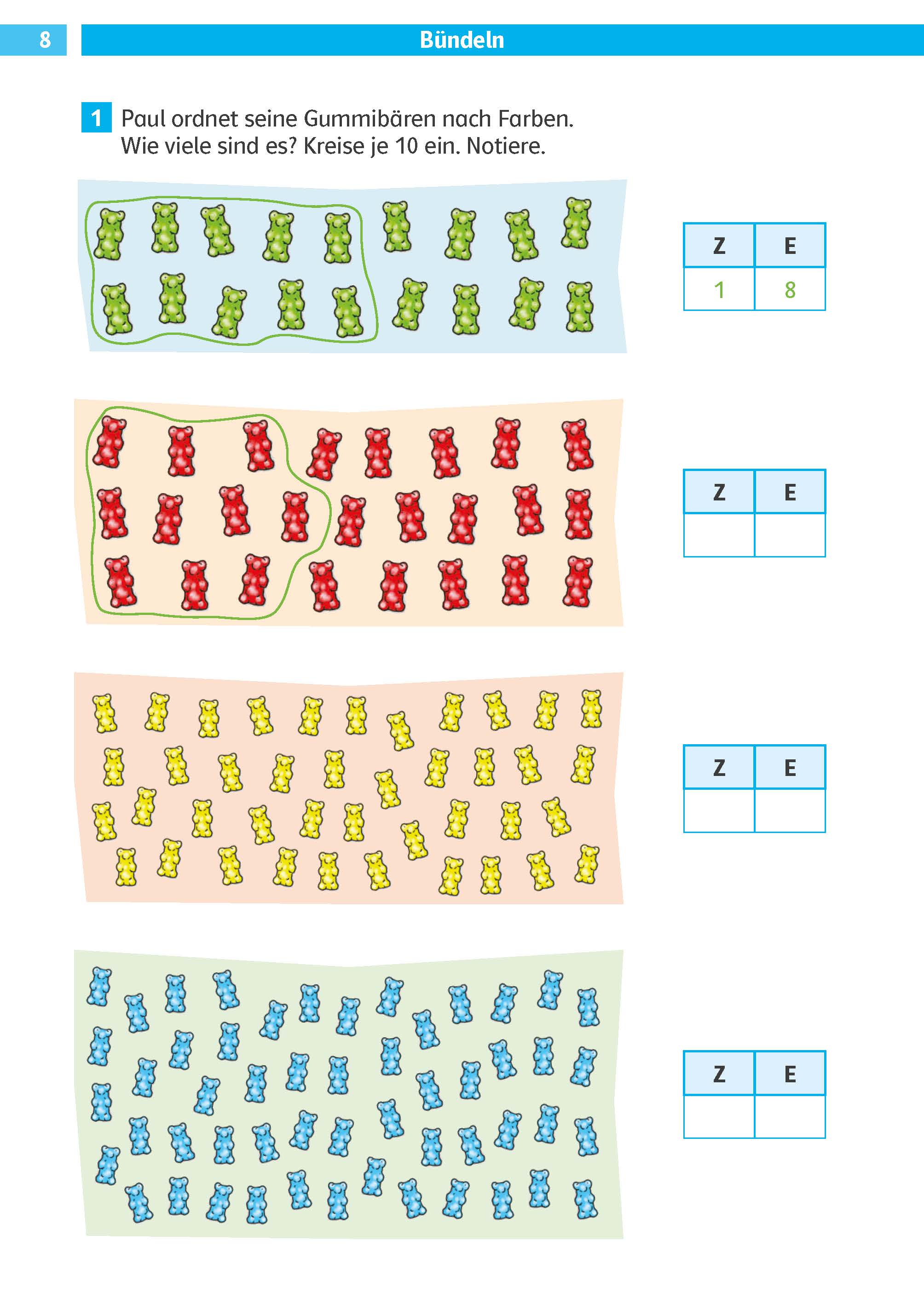 Klett Die Mathe-Helden: Rechnen bis 100 2. Klasse Ein Arbeitsblatt mit Reihen von Gummibärchen, die nach Farben sortiert und in Zehnergruppen angeordnet sind, mit Kästchen zum Aufschreiben der Gesamtzahl für jede Farbe. Die Anleitung ist auf Deutsch.