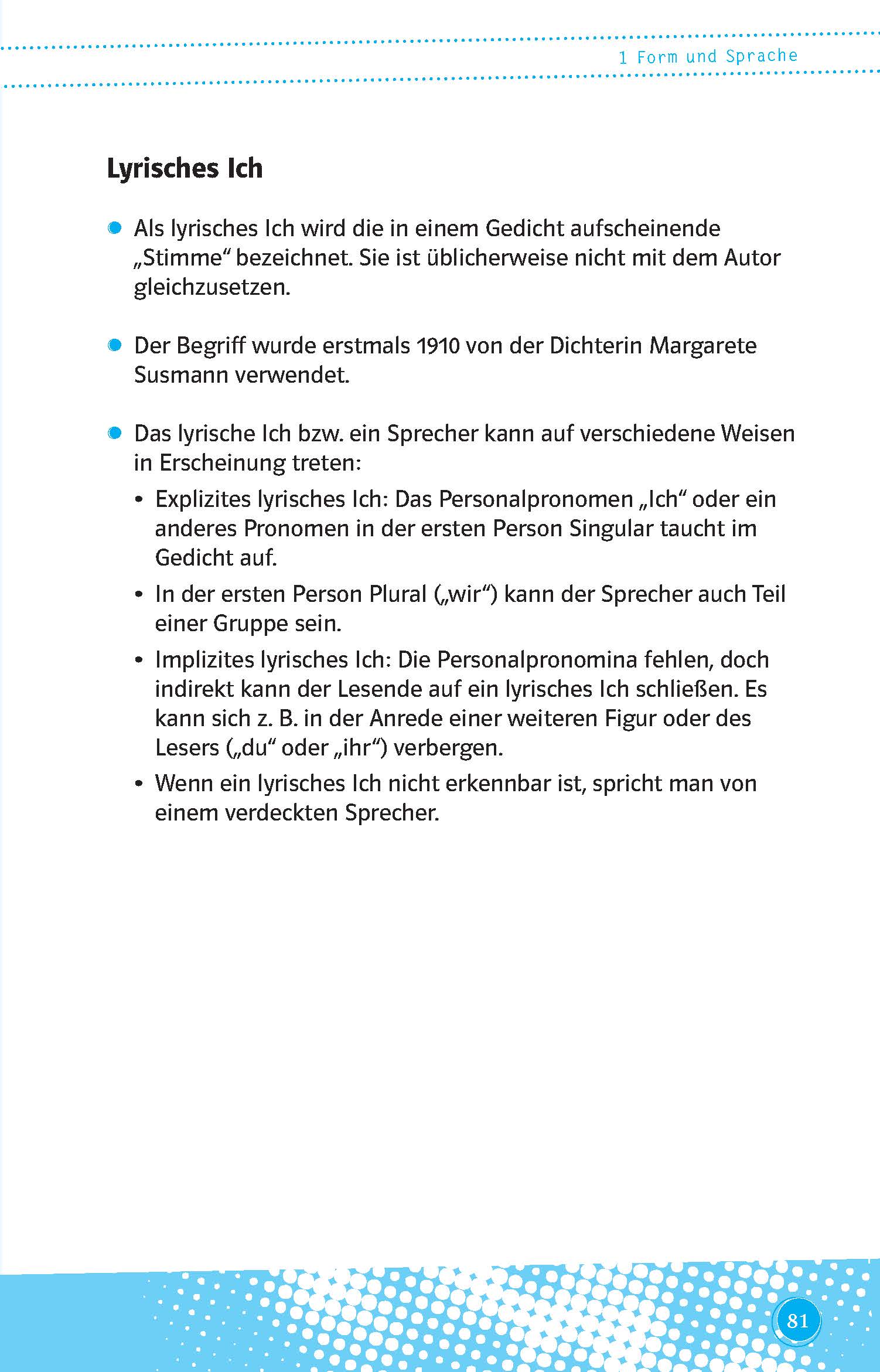 Eine Lehrbuchseite in deutscher Sprache mit dem Titel Lyrisches Ich mit Aufzählungspunkten, die explizite und implizite Formen des dichterischen Sprechers in der Poesie beschreiben. Die Seitenzahl 81 ist am unteren Rand sichtbar.