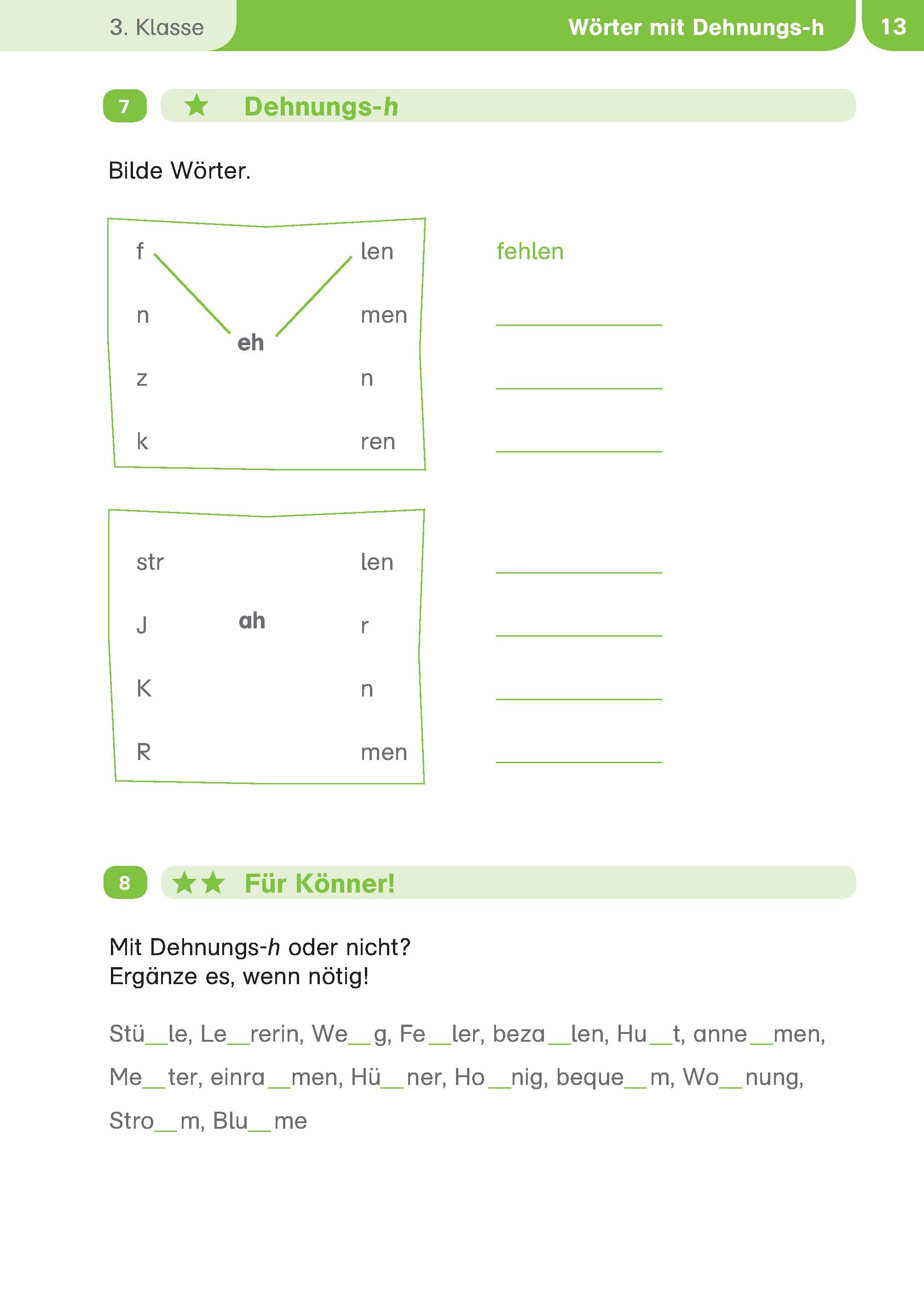 Ein Arbeitsblatt für die 3. Klasse zum Thema Wörter mit Dehnungs-h mit Lückentexten und Aufgaben zum Vervollständigen von Wörtern.
