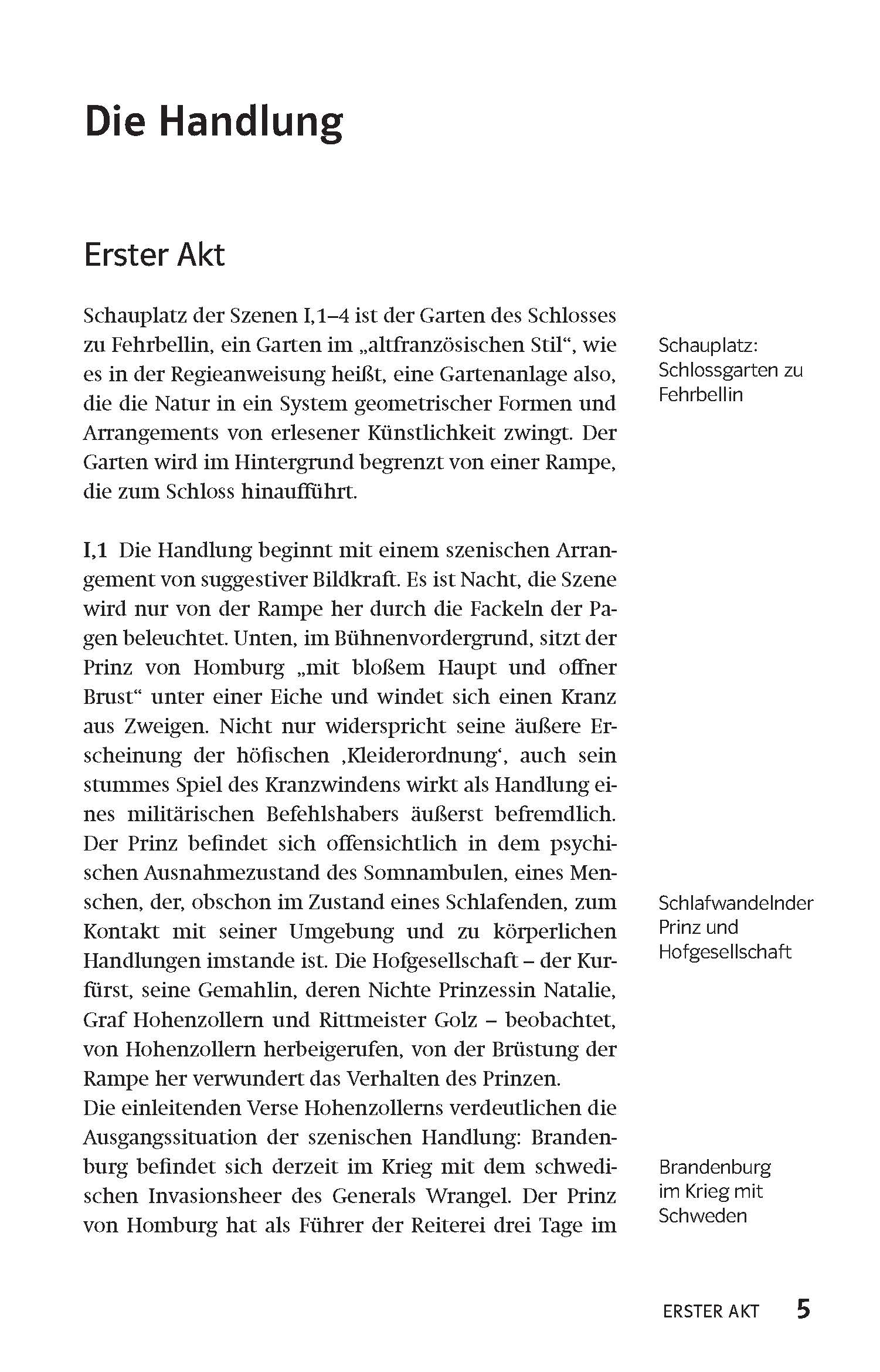 Klett Lektürehilfen Heinrich von Kleist, Prinz Friedrich von Homburg Eine Seite aus einem deutschen Theaterstück mit dem Titel Die Handlung, mit einem Text, der den ersten Akt beschreibt, und zwei Anmerkungen zum Schauplatz im Kasten. Die Seitenzahl 5 befindet sich unten rechts.