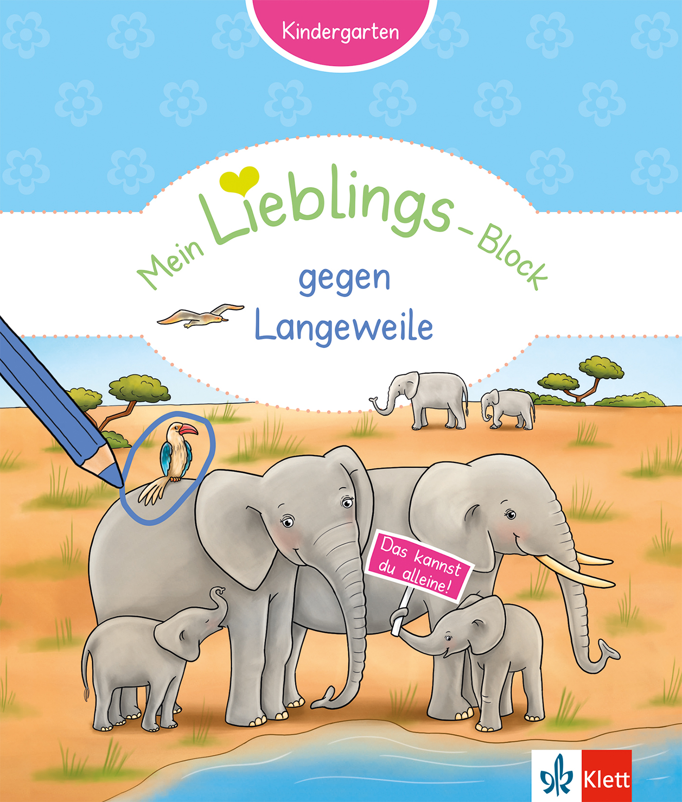 Illustration einer Elefantenfamilie an einem Teich, mit Vögeln in der Nähe. Der Text ist auf Deutsch und die Umgebung ist hell mit einem blauen Himmel und leichten Wolken.