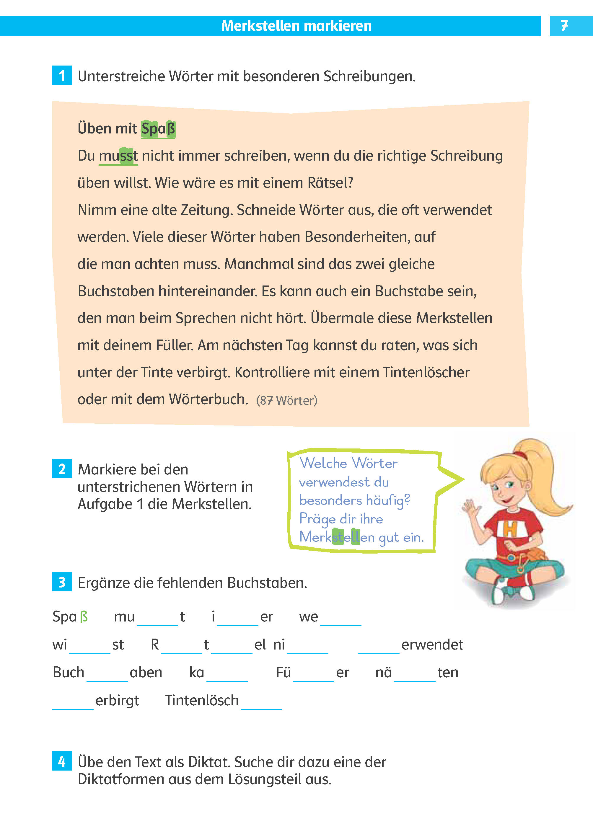 Klett Die Deutsch-Helden: Diktate 3./4. Klasse Ein deutschsprachiges Arbeitsblatt für Kinder mit Anweisungen, hervorgehobenem Text und einer Illustration eines Kindes, das an einem Schreibtisch sitzt und einen Bleistift hält.