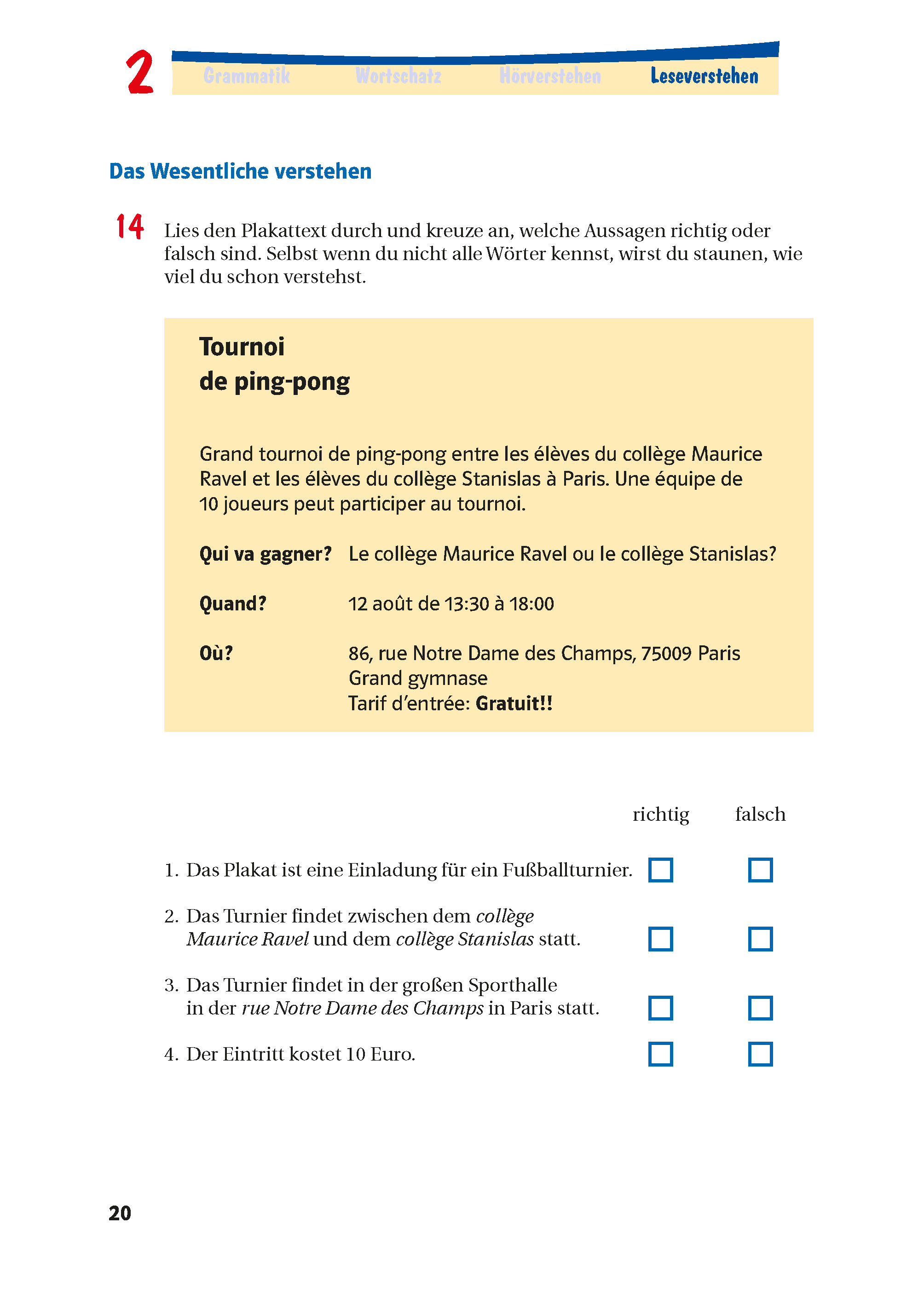 Ein deutsches Arbeitsblatt zum Leseverständnis über ein Tischtennisturnier, mit einem gelben Veranstaltungshinweis auf Französisch und vier richtig/falsch-Fragen mit Ankreuzmöglichkeiten.