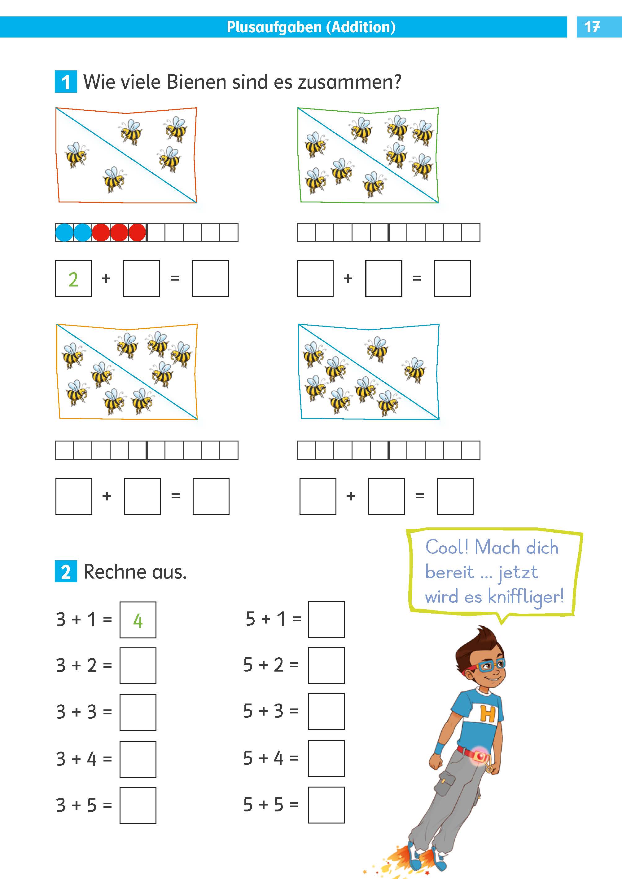 Klett Die Mathe-Helden: Rechnen bis 20, 1. Klasse Ein Mathe-Arbeitsblatt für Kinder mit illustrierten Bienen-Additionsaufgaben und einer Zeichentrickfigur, die auf Deutsch Ermutigungen gibt.