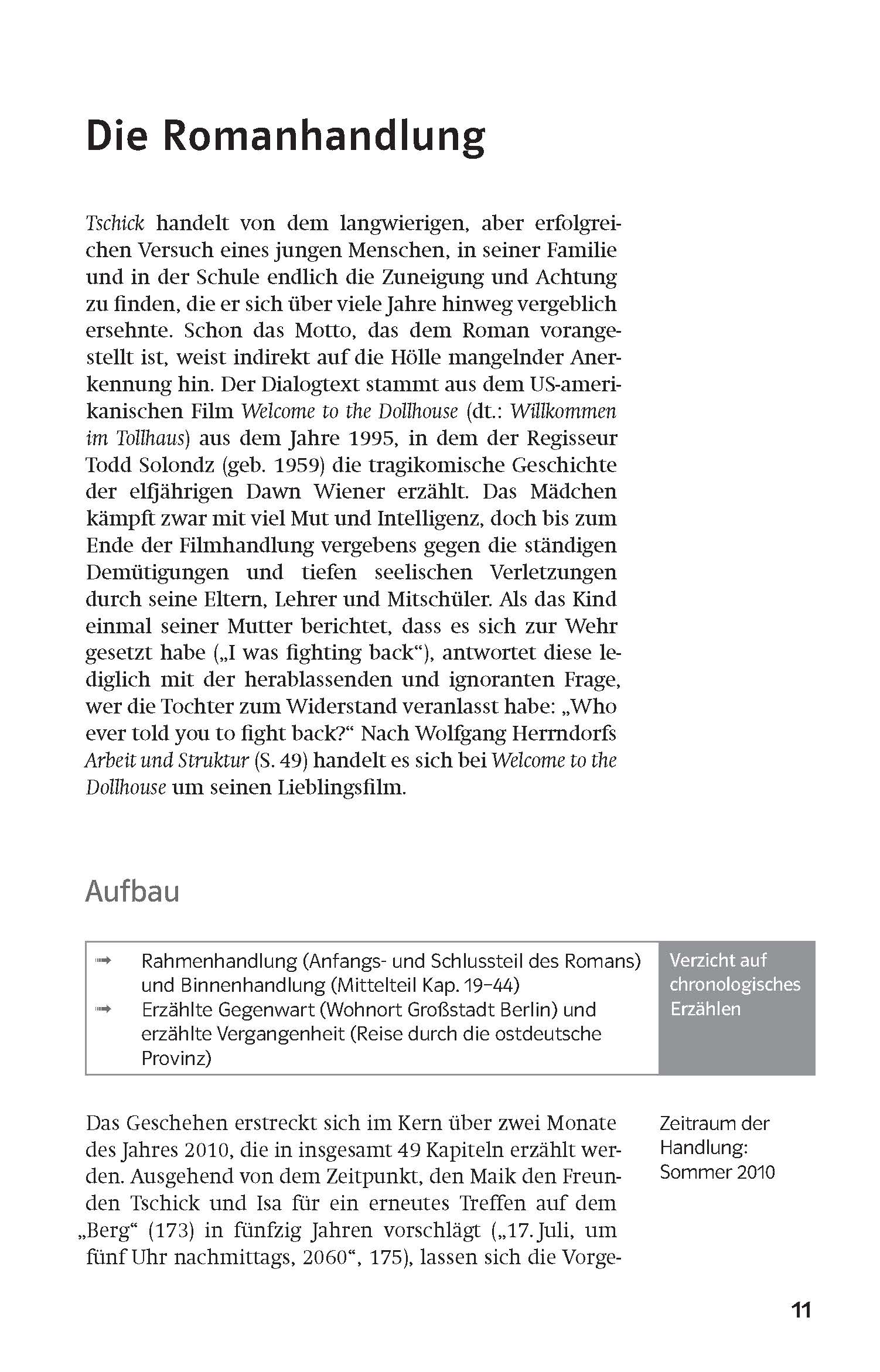 Eine deutsche Textseite mit dem Titel Die Romanhandlung mit Abschnitten über Handlung, Struktur und Produktionsdetails für eine Veröffentlichung im Sommer 2010.