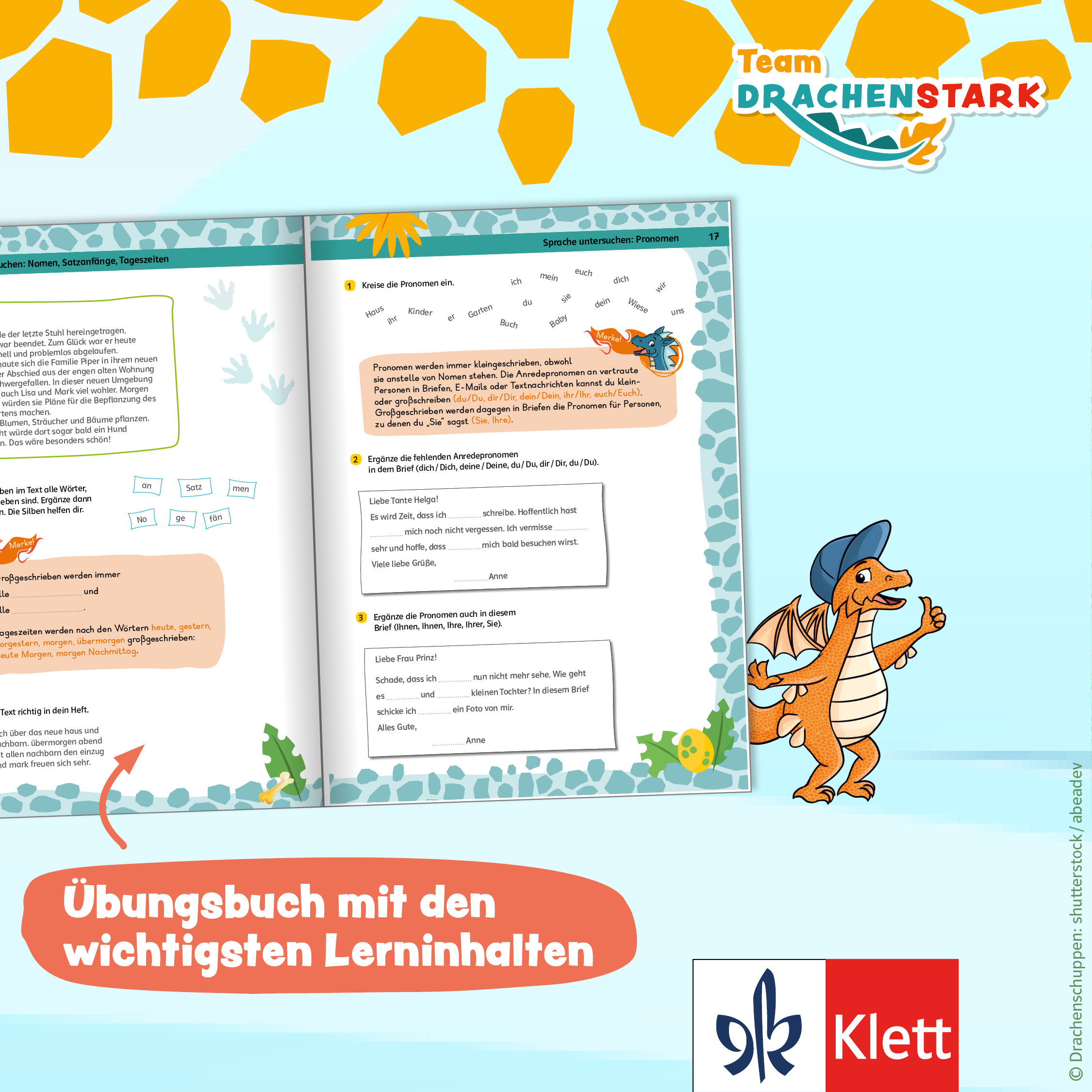 Aufgeschlagenes Übungsbuch mit deutschem Text, Cartoon-Drachenmaskottchen mit Mütze und Klett-Logo; der Text lautet: Übungsbuch mit den wichtigsten Lerninhalten.