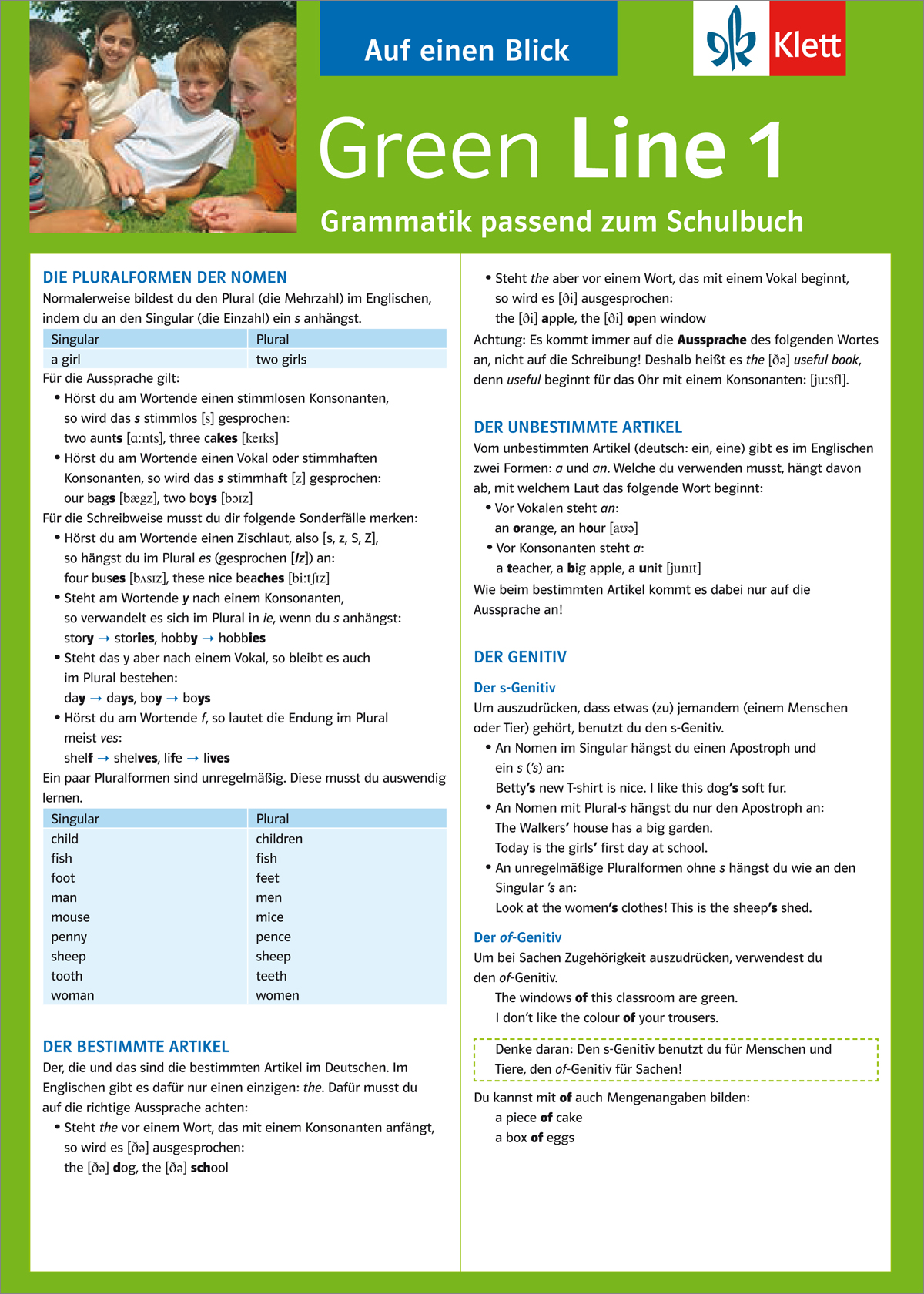 Ein deutschsprachiges Lernplakat erklärt englische Grammatikthemen: Pluralformen, bestimmte und unbestimmte Artikel, Possessiv s und Genitiv, mit Beispielen und einem Foto von Kindern am oberen Rand.
