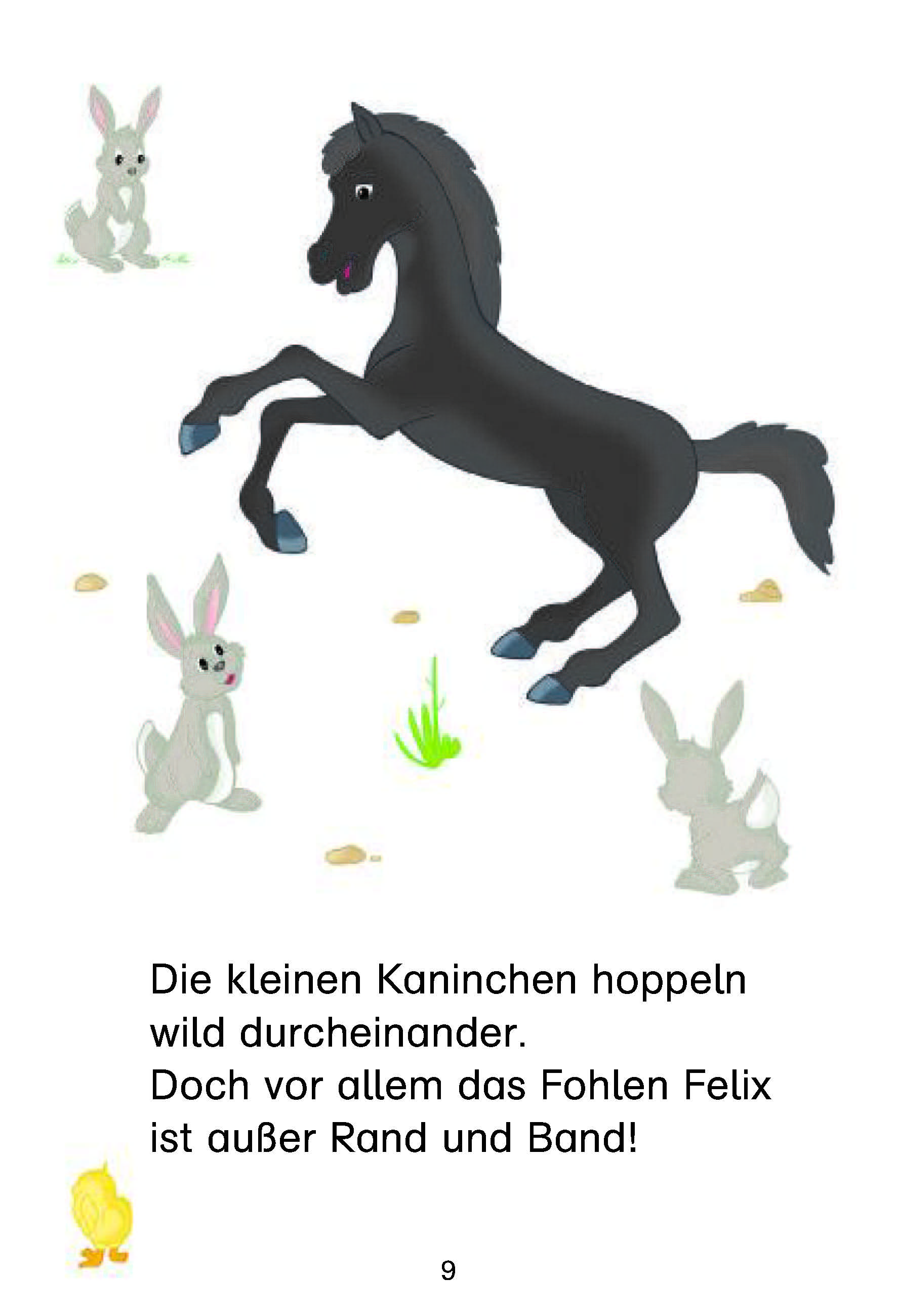 Bibi & Tina: Los geht's im Galopp! Vier spannende Pferdegeschichten in einem Band Ein schwarzes Fohlen tänzelt energisch zwischen vier hellgrauen Kaninchen im Gras umher, mit einem kurzen deutschen Gedicht am unteren Bildrand.