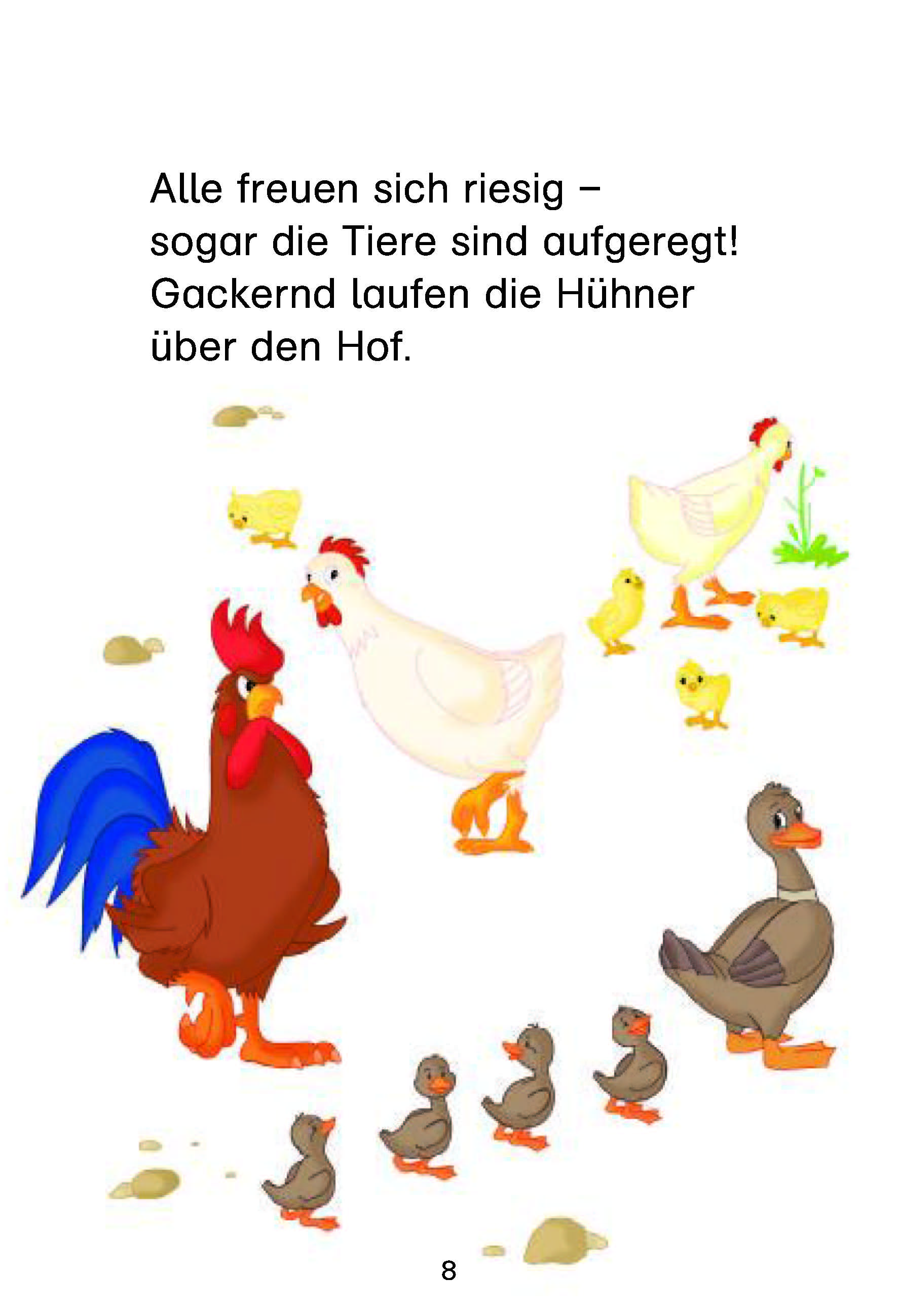 Bibi & Tina: Los geht's im Galopp! Vier spannende Pferdegeschichten in einem Band Eine Gruppe von Hühnern, Küken, ein Hahn und Enten mit Entenküken sind versammelt und laufen auf einem Bauernhof herum. Über ihnen ist ein deutscher Text zu lesen.