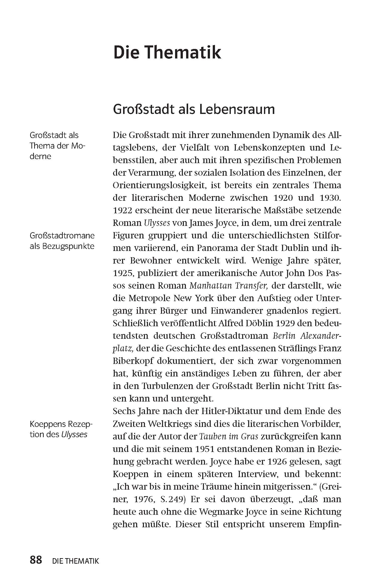 Eine Seite aus einem deutschen Buch mit dem Titel Die Thematik behandelt das Großstadtleben als Thema in der modernen Literatur und bezieht sich dabei auf den Roman Ulysses von James Joyce.