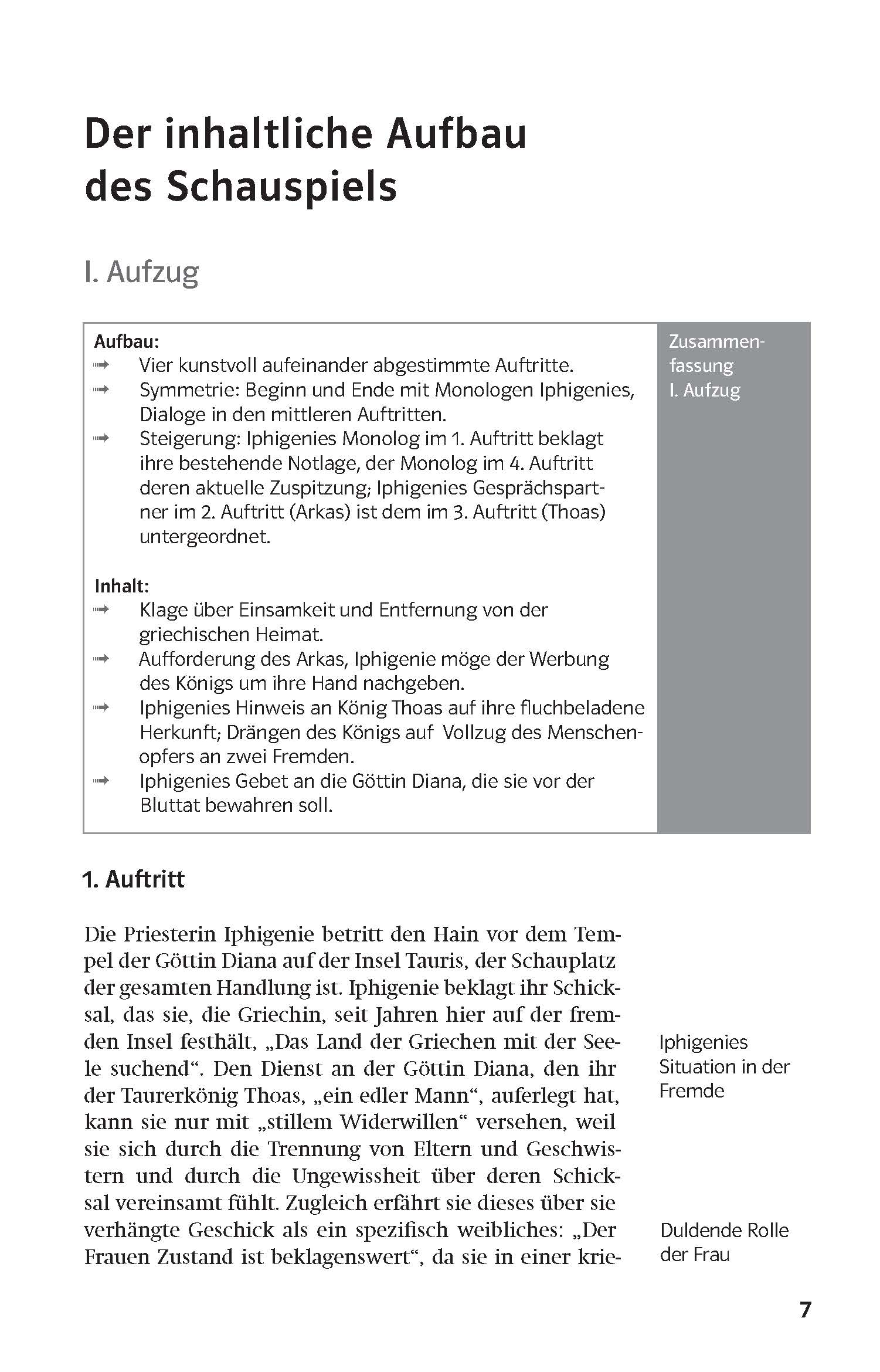 Eine Seite aus einem deutschen Lehrbuch, auf der der Aufbau eines Theaterstücks erklärt wird, mit Überschriften, Aufzählungspunkten und einem Zusammenfassungsfeld auf der rechten Seite.