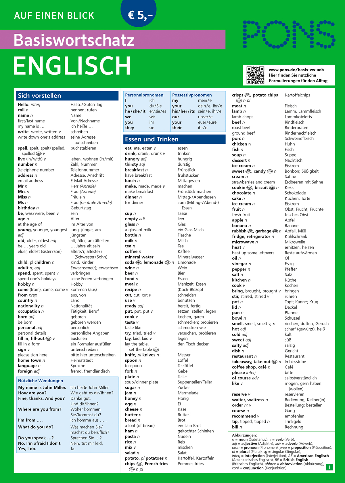 PONS Basiswortschatz auf einen Blick Englisch Eine deutsch-englische Vokabeltabelle von PONS mit Grundwörtern und -sätzen für Einleitungen, wichtige Verben, Essen, Trinken und Alltagsgegenstände, geordnet nach Themen in Spalten.