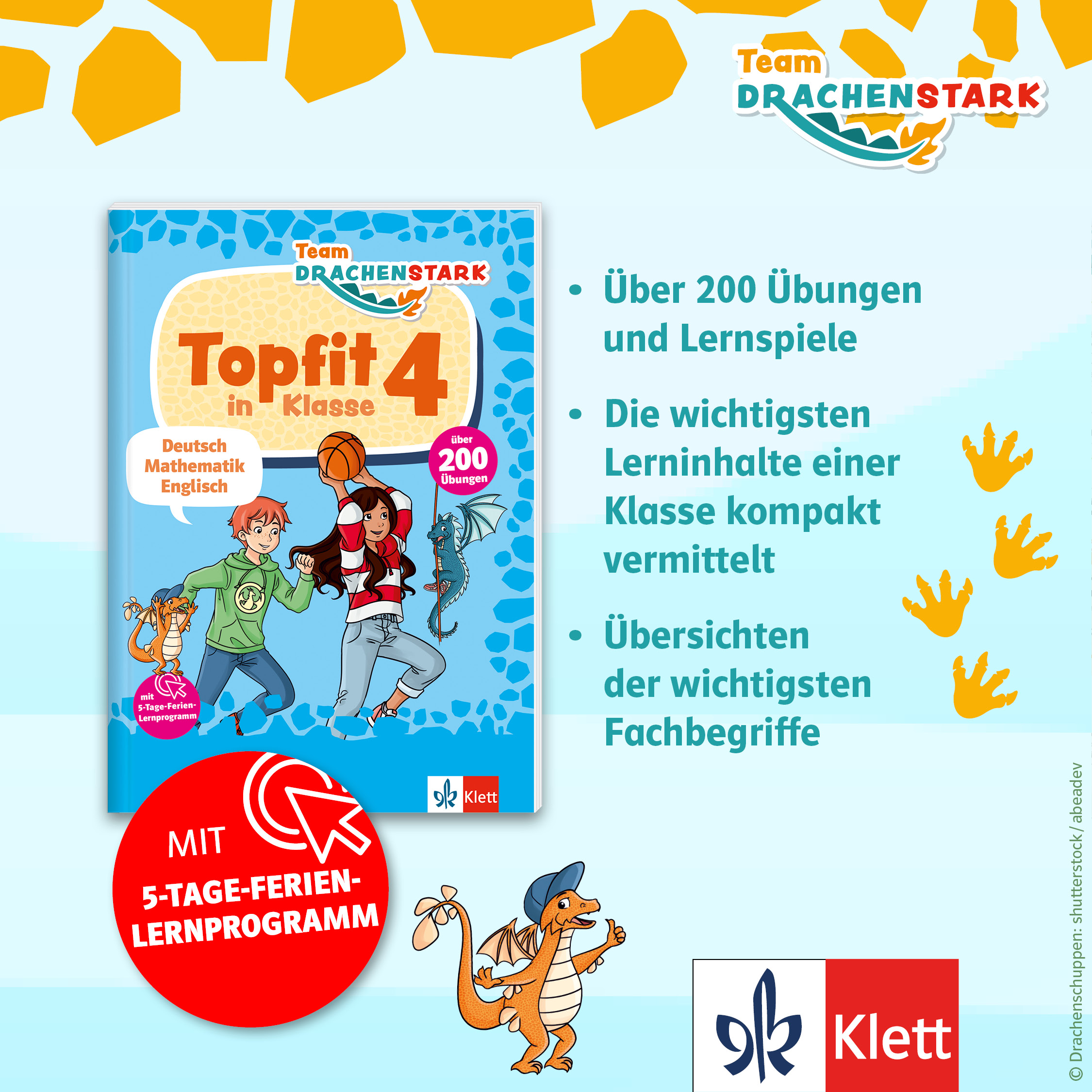 Buchumschlag für Topfit in Klasse 4 mit Illustrationen, Werbetext zu 200 Übungen, Stichwortübersicht und einem 5-tägigen Lernprogramm, erschienen bei Klett.