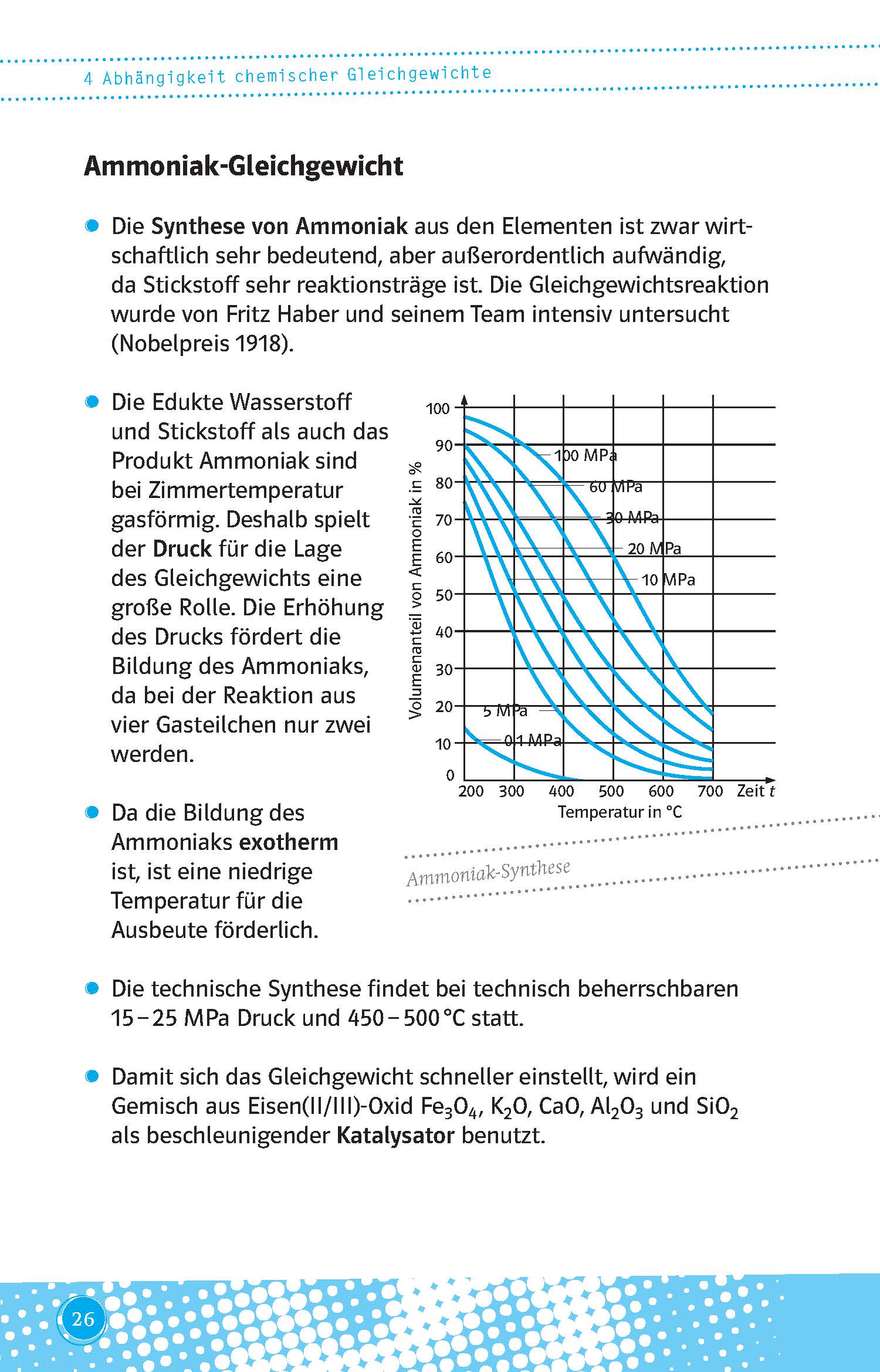 Eine Seite aus einem naturwissenschaftlichen Lehrbuch mit einem Text über das Ammoniak-Gleichgewicht, einem Druck-Temperatur-Diagramm und Aufzählungszeichen in deutscher Sprache.