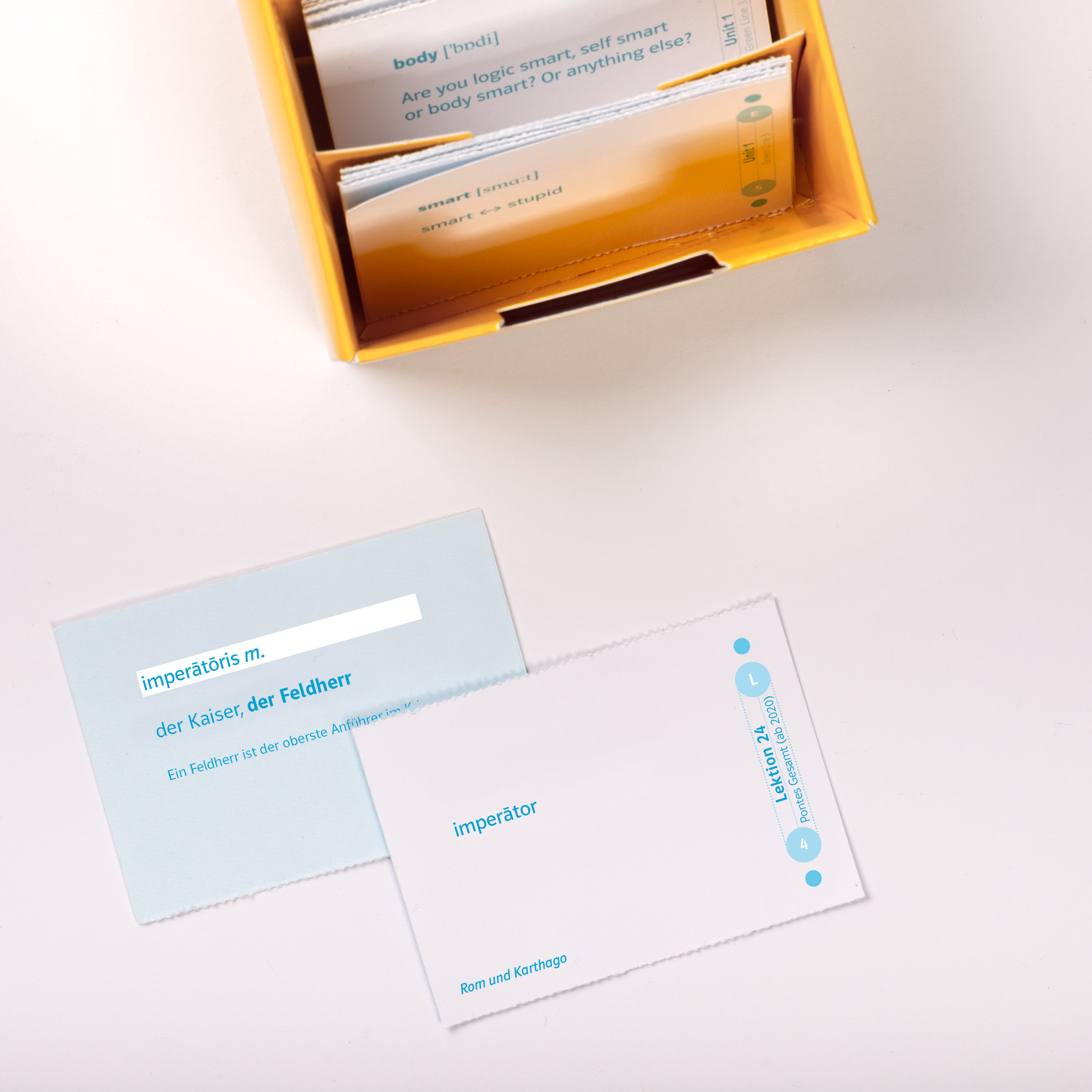 Pontes 1 - Vokabel-Lernbox zum Schulbuch Eine gelbe Schachtel enthält weiße und blaue Vokabelkarten, wobei zwei Karten mit deutschen Wörtern und Definitionen auf eine weiße Fläche gelegt werden.