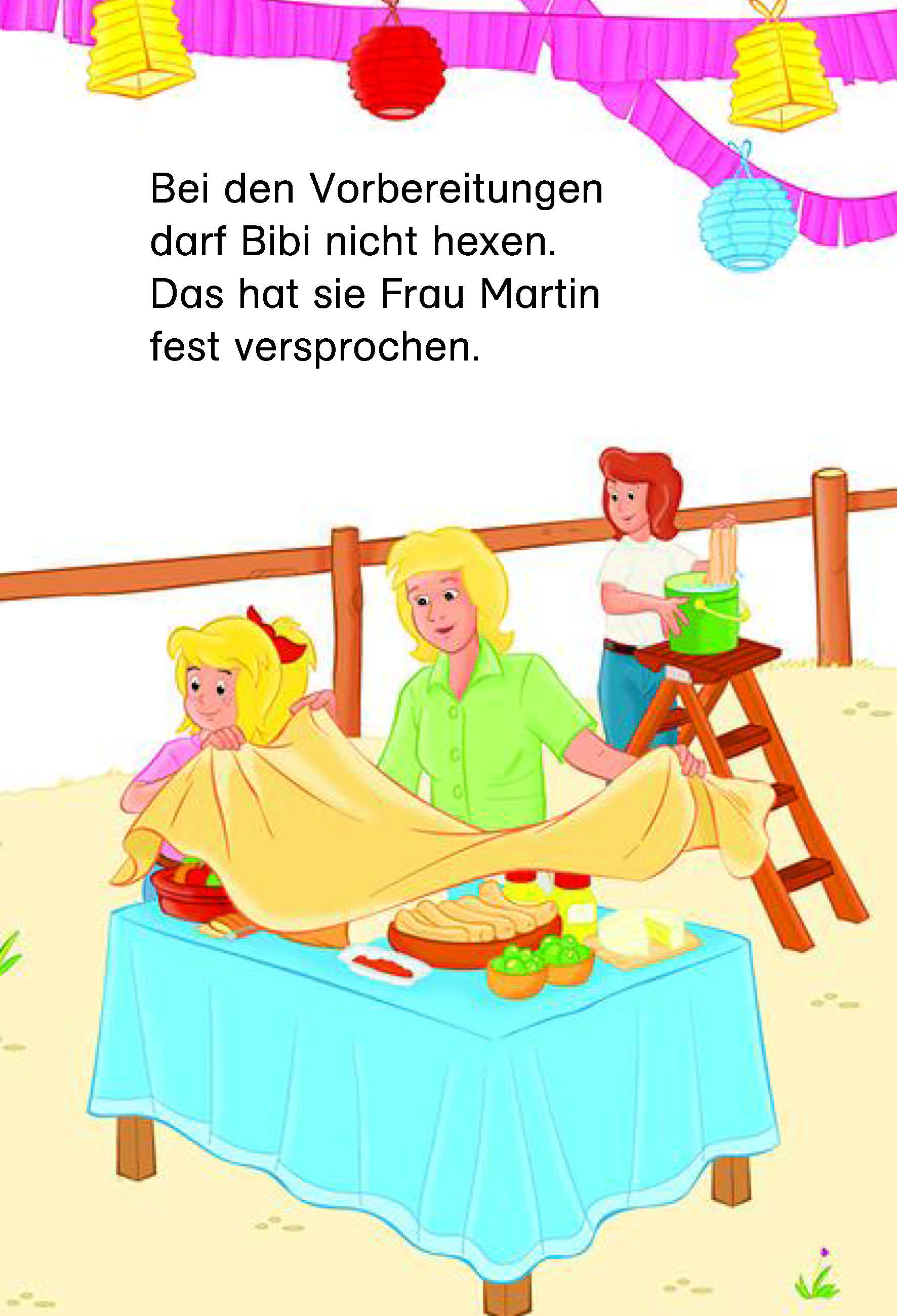 Bibi & Tina: Los geht's im Galopp! Vier spannende Pferdegeschichten in einem Band Drei Personen bereiten im Freien unter bunten Papierdekorationen einen Tisch mit Speisen vor. Eine Person deckt den Tisch, während eine andere auf einer Leiter steht und Laternen aufhängt. Über ihnen ist ein deutscher Text zu sehen.