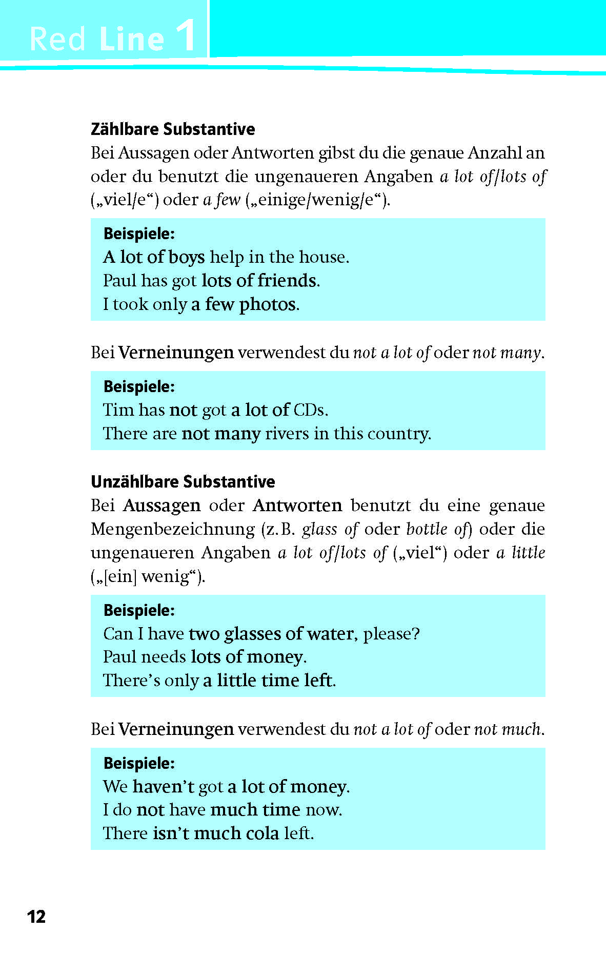 Eine Lehrbuchseite erklärt die Verwendung von lots of, a lot of, many und few, mit Beispielsätzen und hervorgehobenen Abschnitten für zählbare und nicht zählbare Substantive.